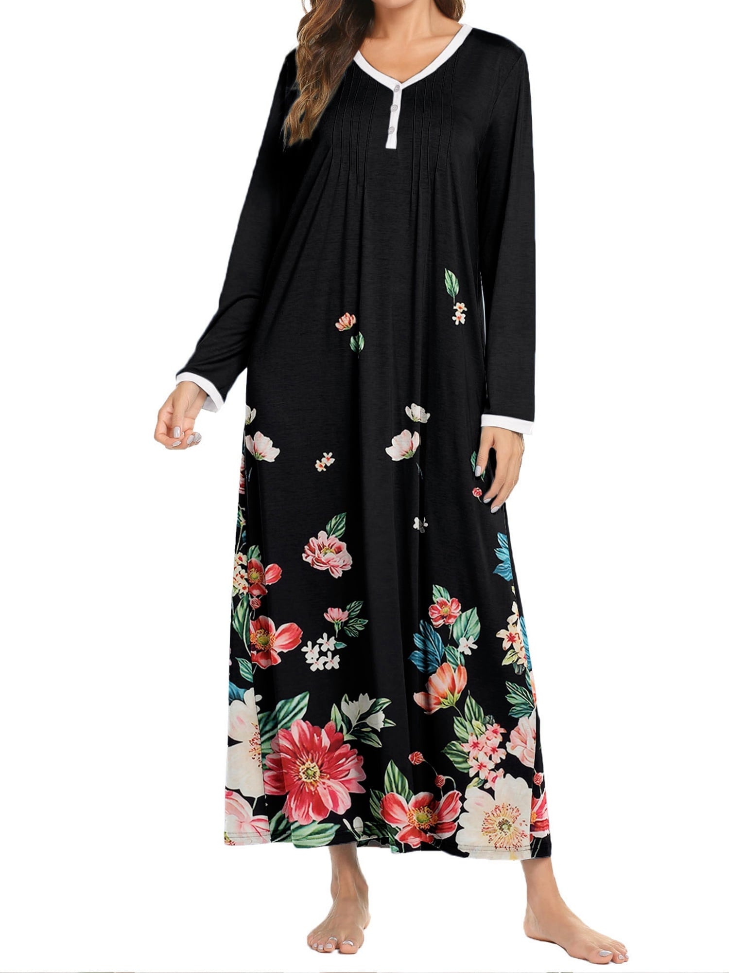 Women Long Sleeve Nightgown Long Sleepshirts Henley Sleep Dress Full Length Sleepwear