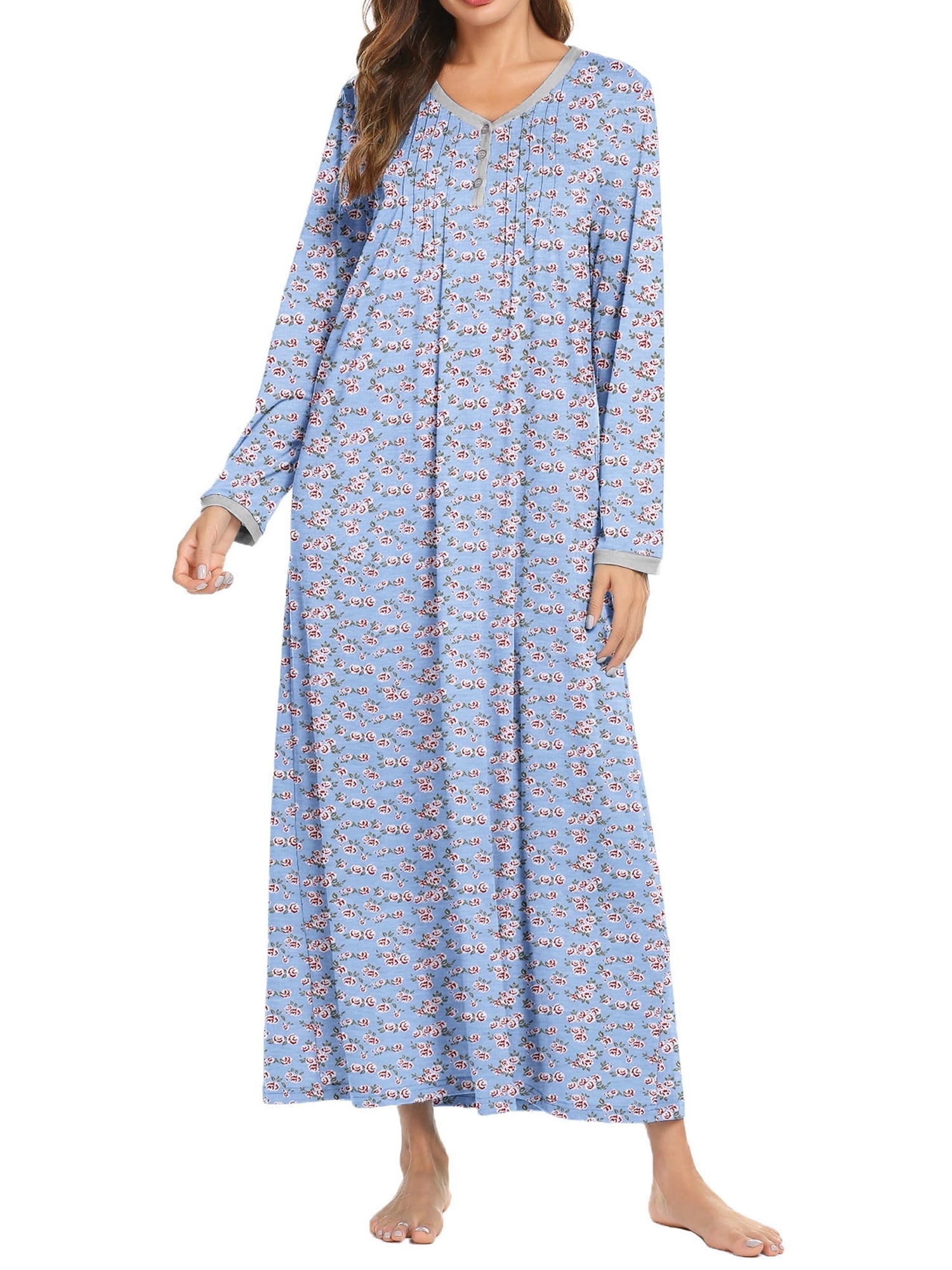 Women Long Sleeve Nightgown Long Sleepshirts Henley Sleep Dress Full Length Sleepwear