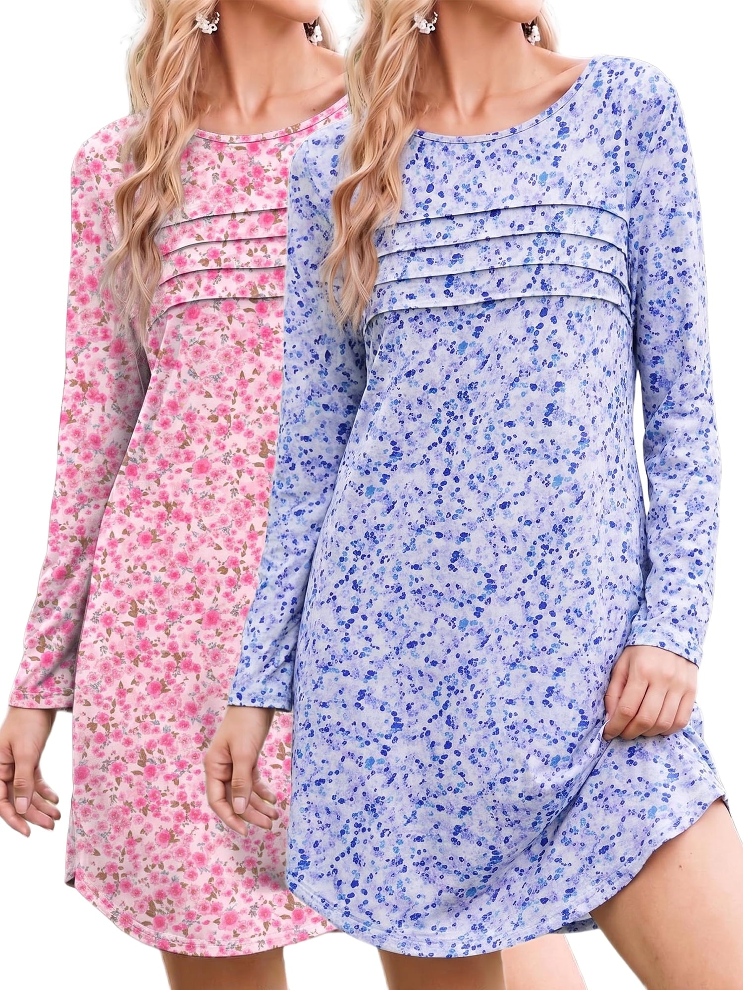 2 Pack Nightgowns for Women Long Sleeve Nightshirts Soft Crew Neck Pajamas Dress Sleepwear , Floral Printed, S-XXXL