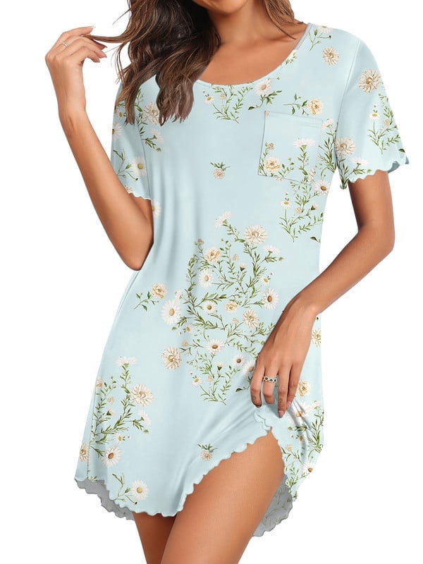 Bamboo Viscose Nightgowns for Women Ruffled Short Sleeve Sleepshirts Tie Dye Pajamas Dress with Chest Pocekts S-3XL
