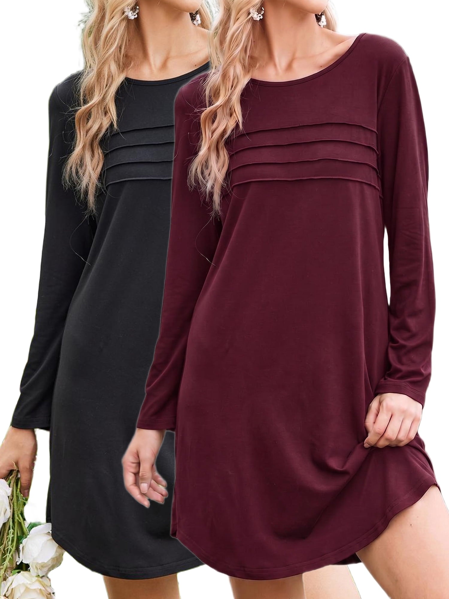 2 Pack Nightgowns for Women Long Sleeve Nightshirts Soft Crew Neck Pajamas Dress Sleepwear , Floral Printed, S-XXXL