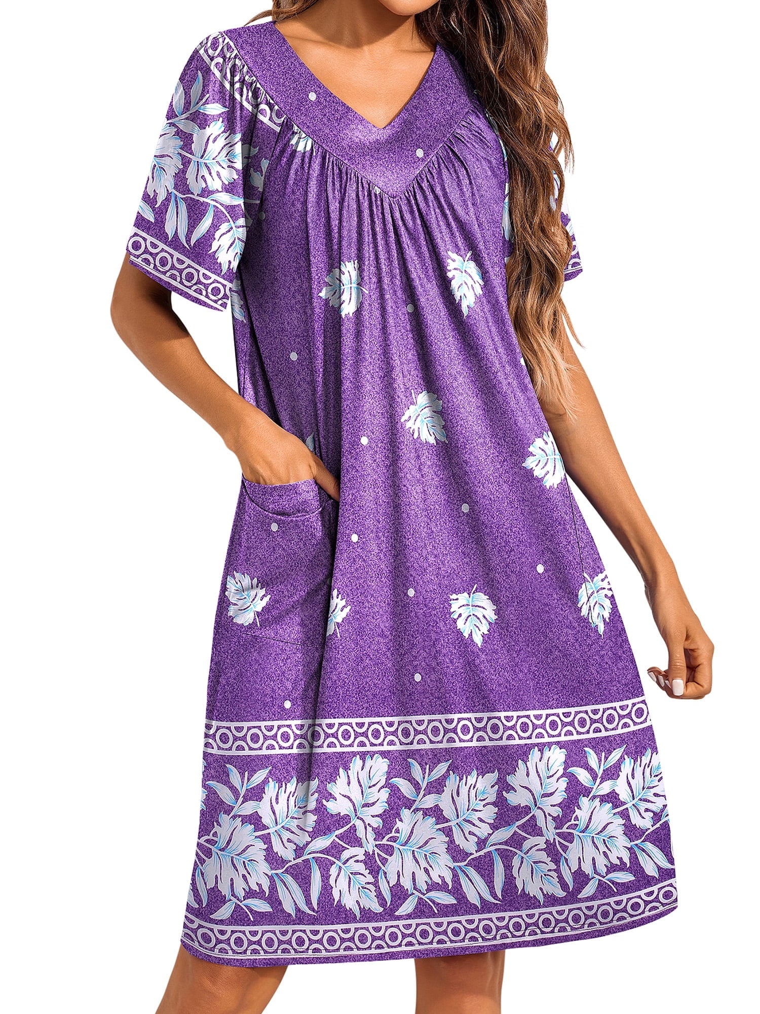 Women House Dress Floral Print Nightgown with Pockets Comfy Short Sleeve Nightdress