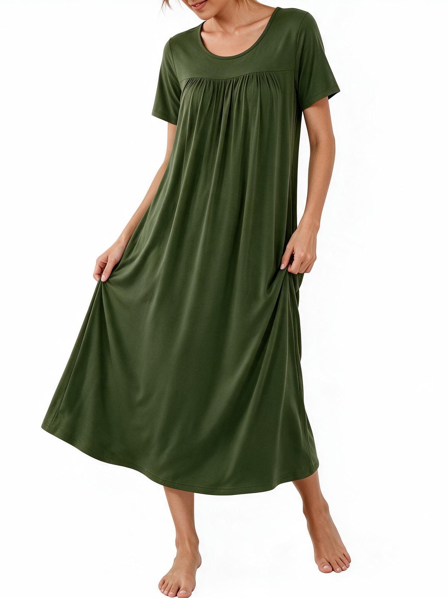 Bamboo Viscose Nightgowns for Women Pleated Floral House Dress Comfy Long Loungwear Short Sleeve Sleepwear