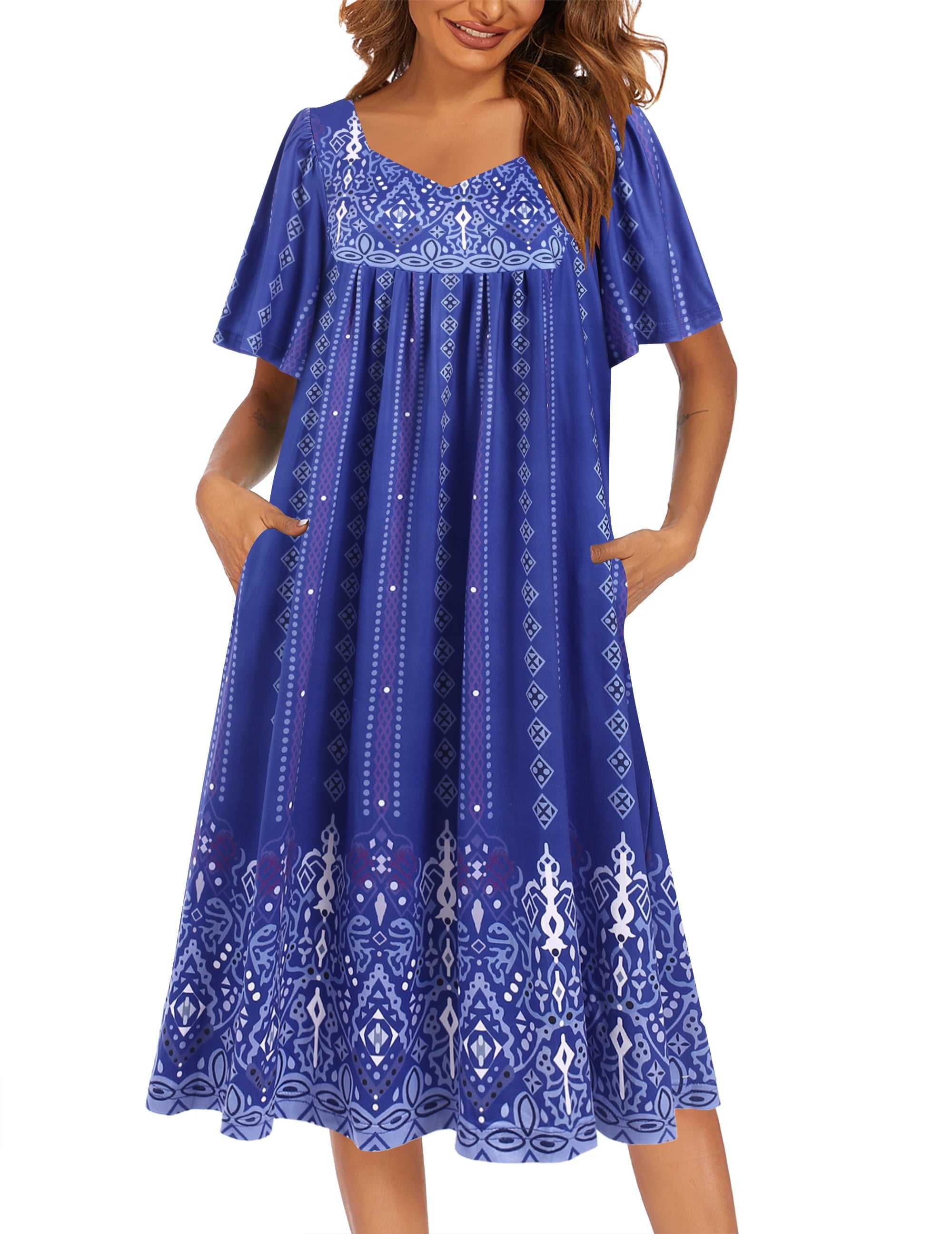 Women Short Sleeve Nightgown Long Sleepshirts V Neck Sleep Dress Below Knee Length Sleepwear