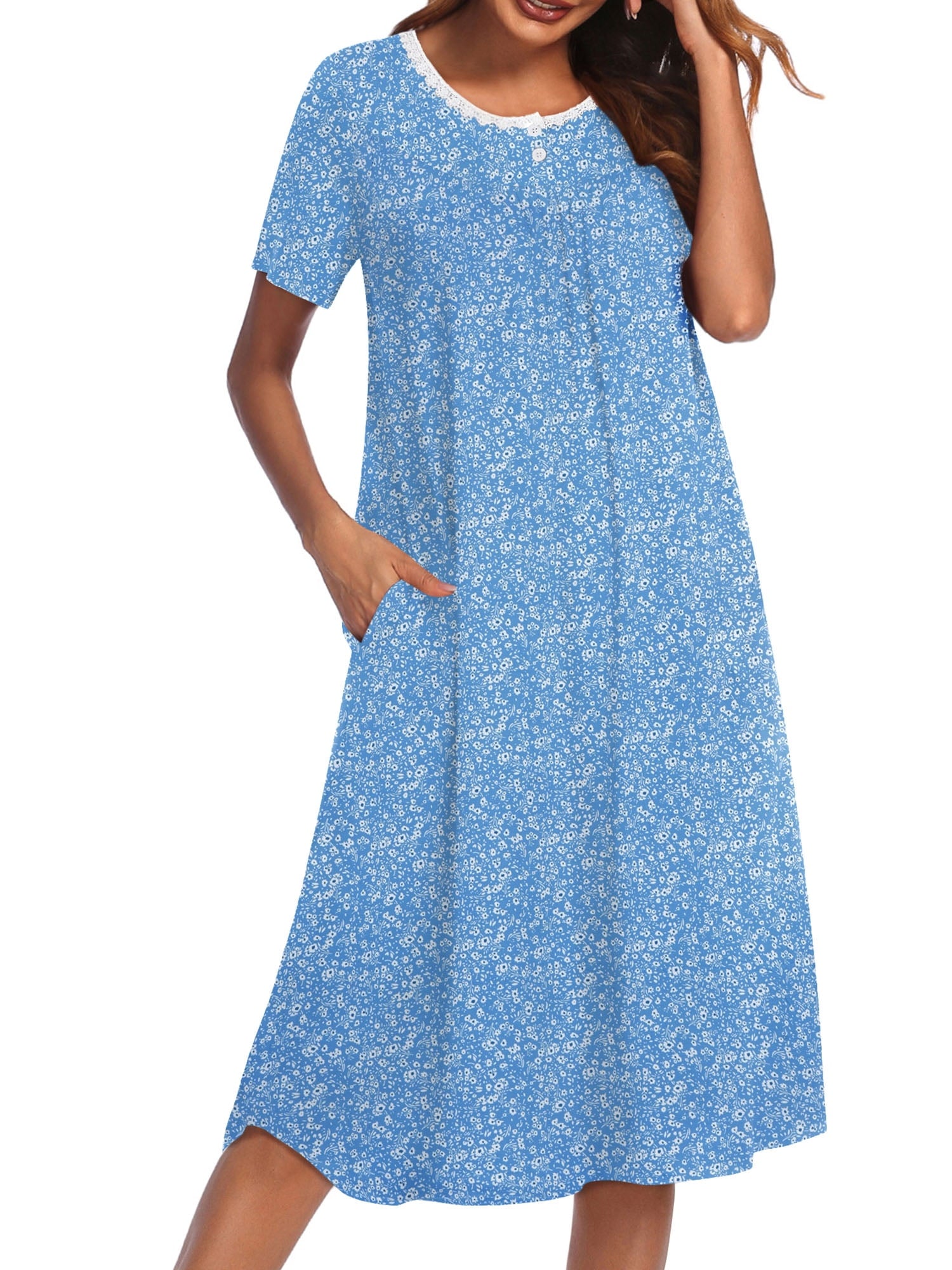 Nightgowns for Women Floral Short Sleeve Henley Sleepshirt Long Nightdress Sleepwear with Pockets S-3XL