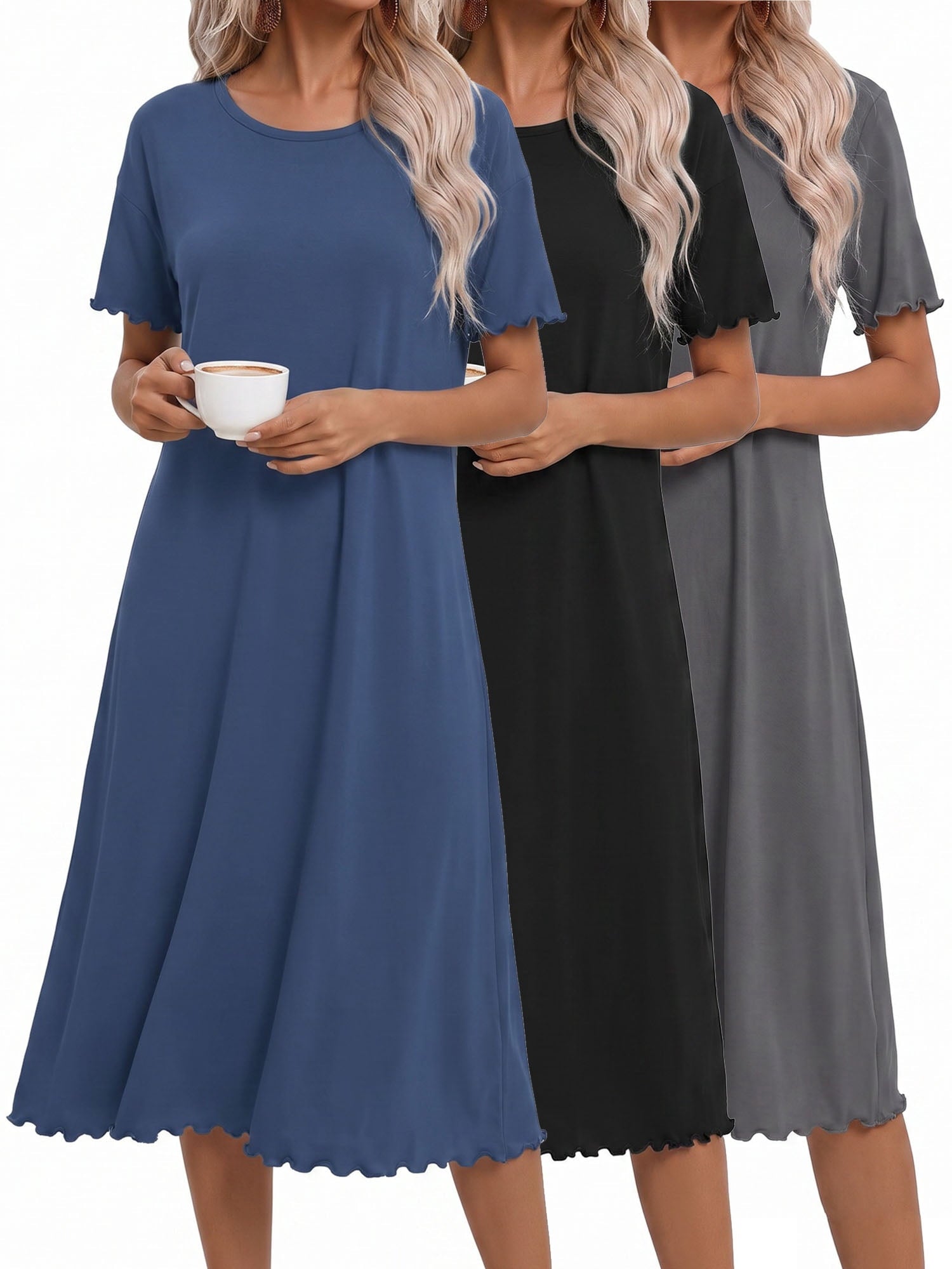 3 Pack Women Nightgown Sleepwear Ruffle Short Sleeve Sleepshirts V Neck Sleepdress Causal Pajama Dress S-XXXL