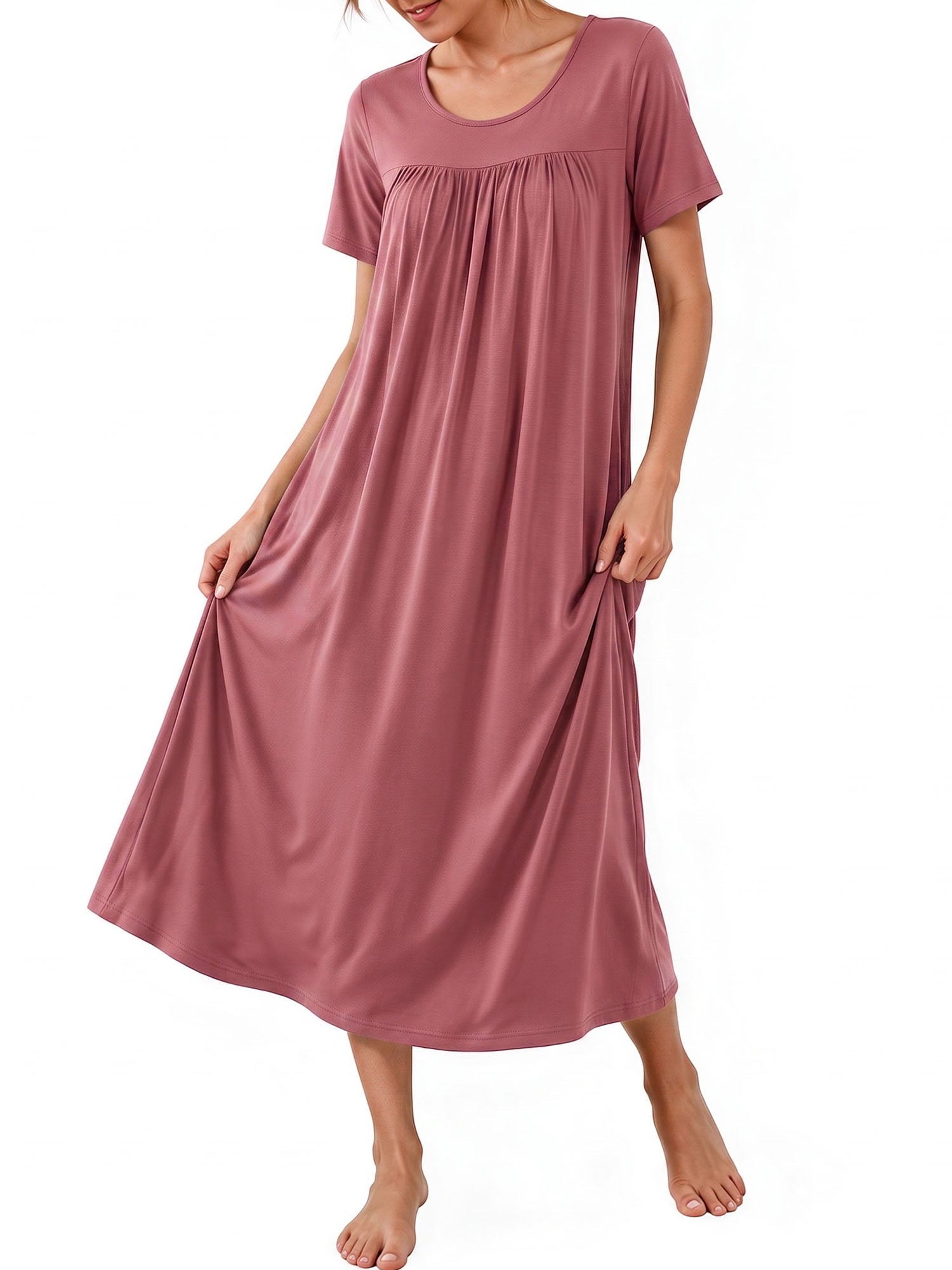 Bamboo Viscose Nightgowns for Women Pleated Floral House Dress Comfy Long Loungwear Short Sleeve Sleepwear