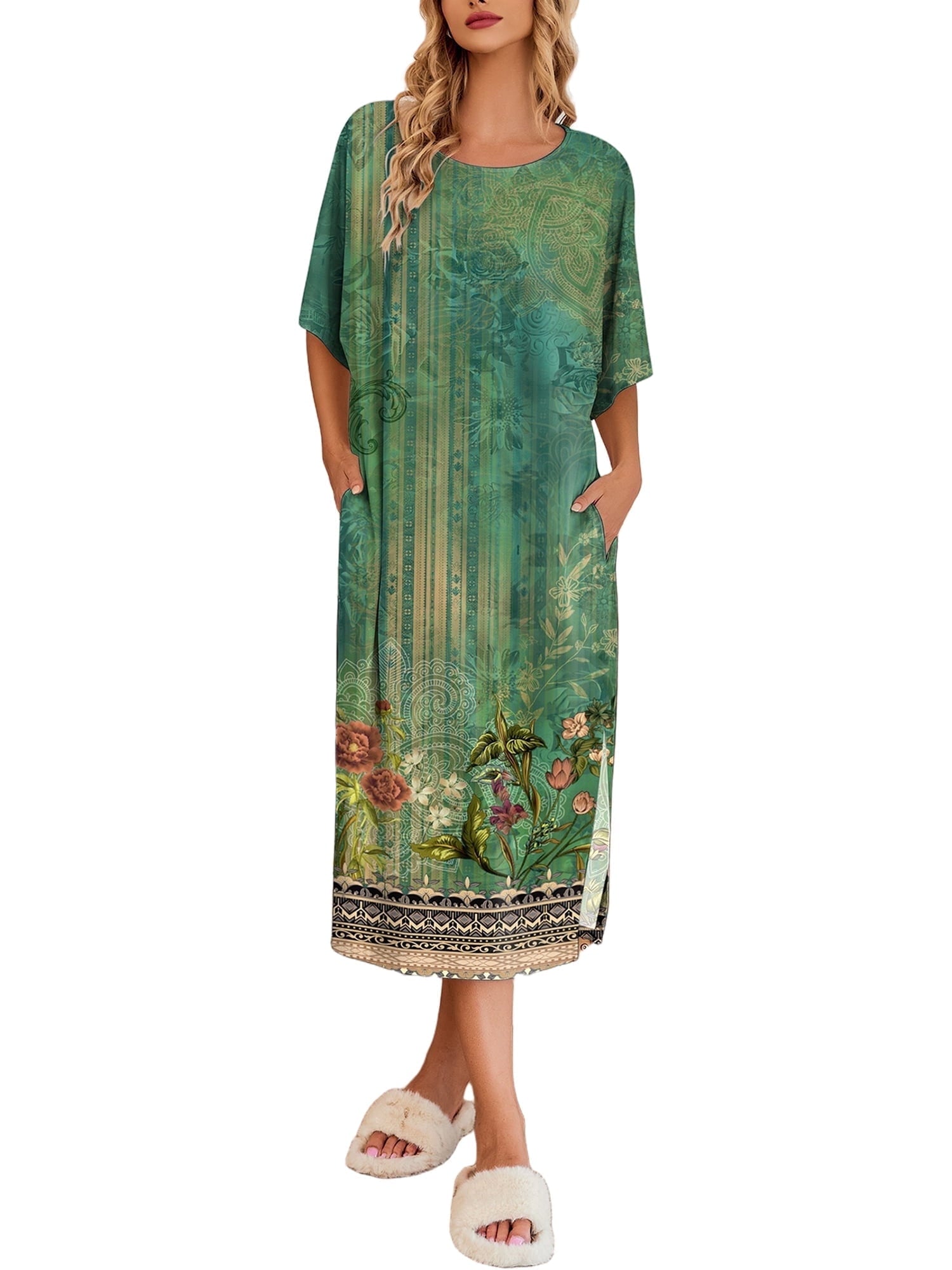 Women Long Nightgown Short Sleeve Sleepshirt Casual Maxi Loungewear with Pockets