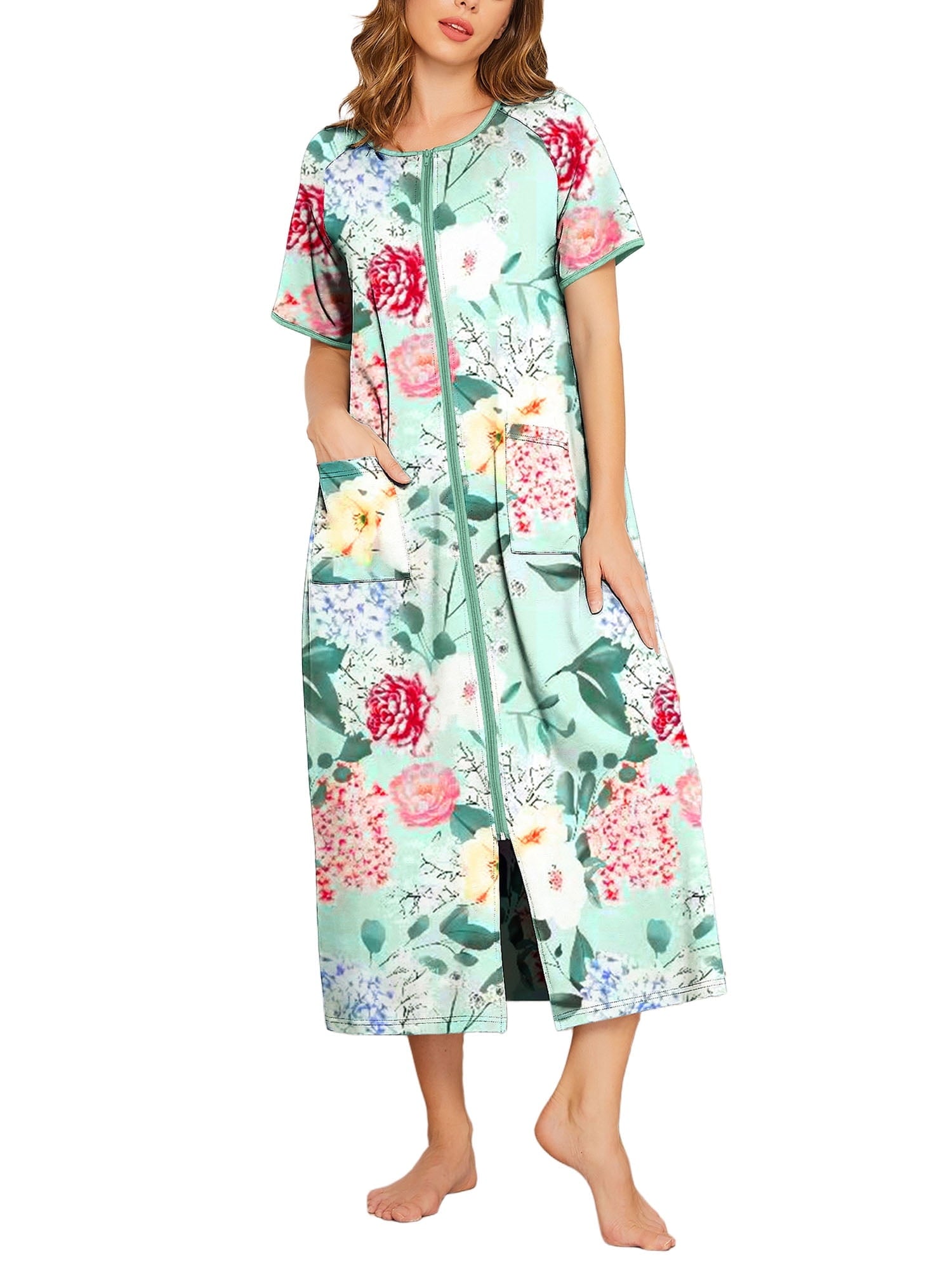 Women Zipper Front Robes Full Length Housecoat Short Sleeve Bathrobes with Pocket Loungewear
