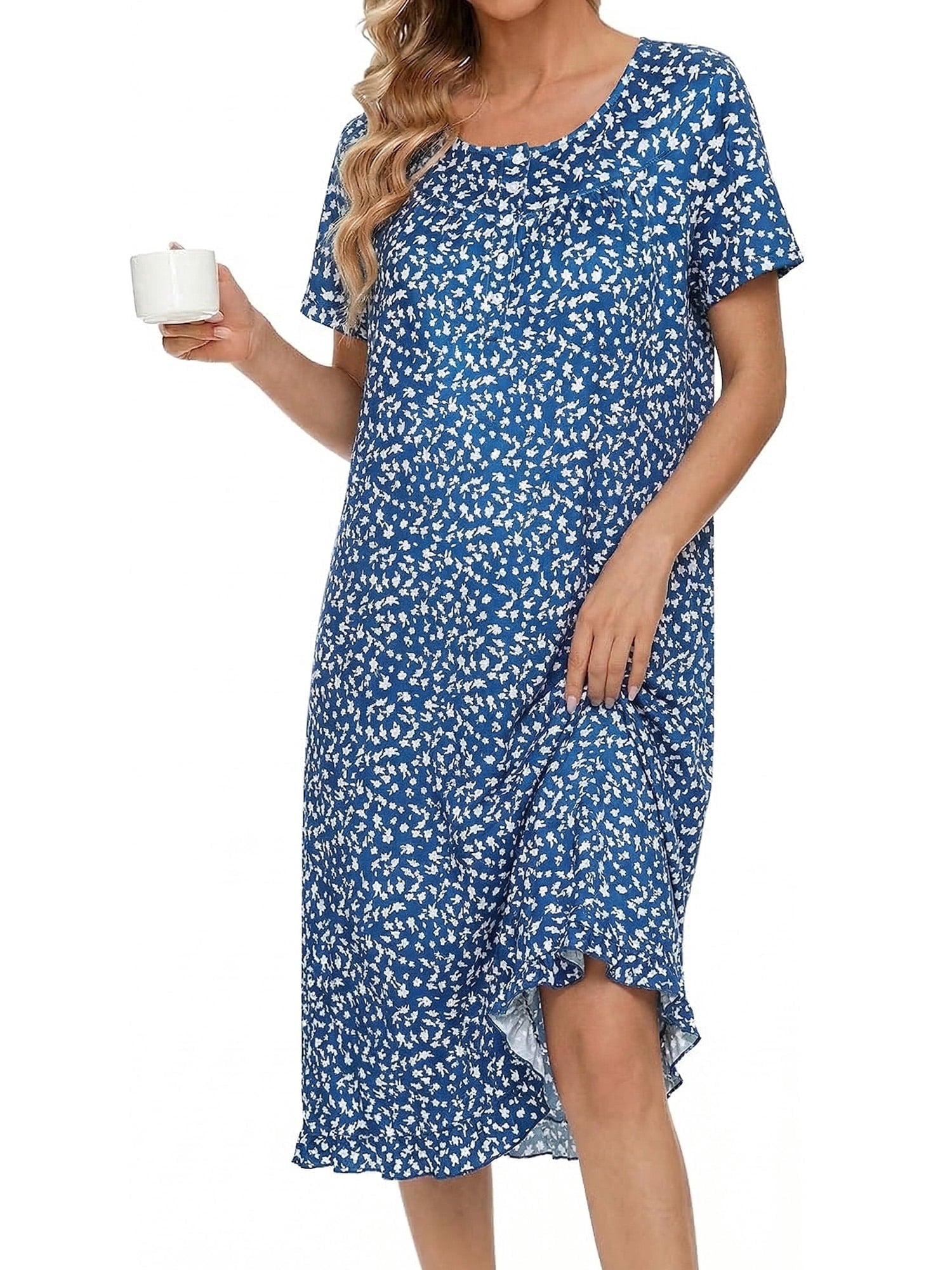 Women Nightgowns with Pockets Button Front Henley NeckHouse Dresses Ruffle Hem Nightdress Sleepwear Short Sleeve Pajamas Dress