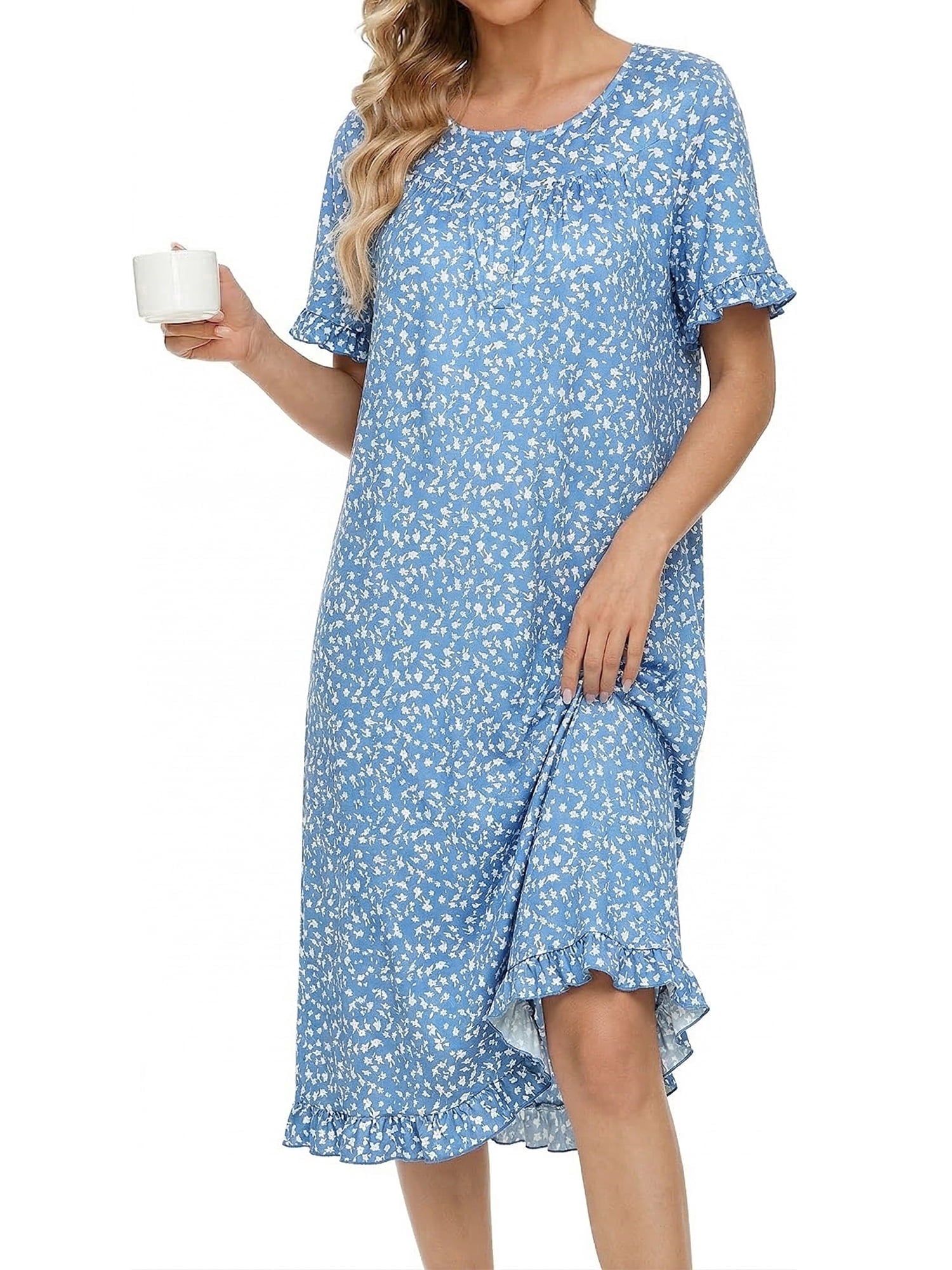 Women Nightgowns with Pockets Button Front Henley NeckHouse Dresses Ruffle Hem Nightdress Sleepwear Short Sleeve Pajamas Dress