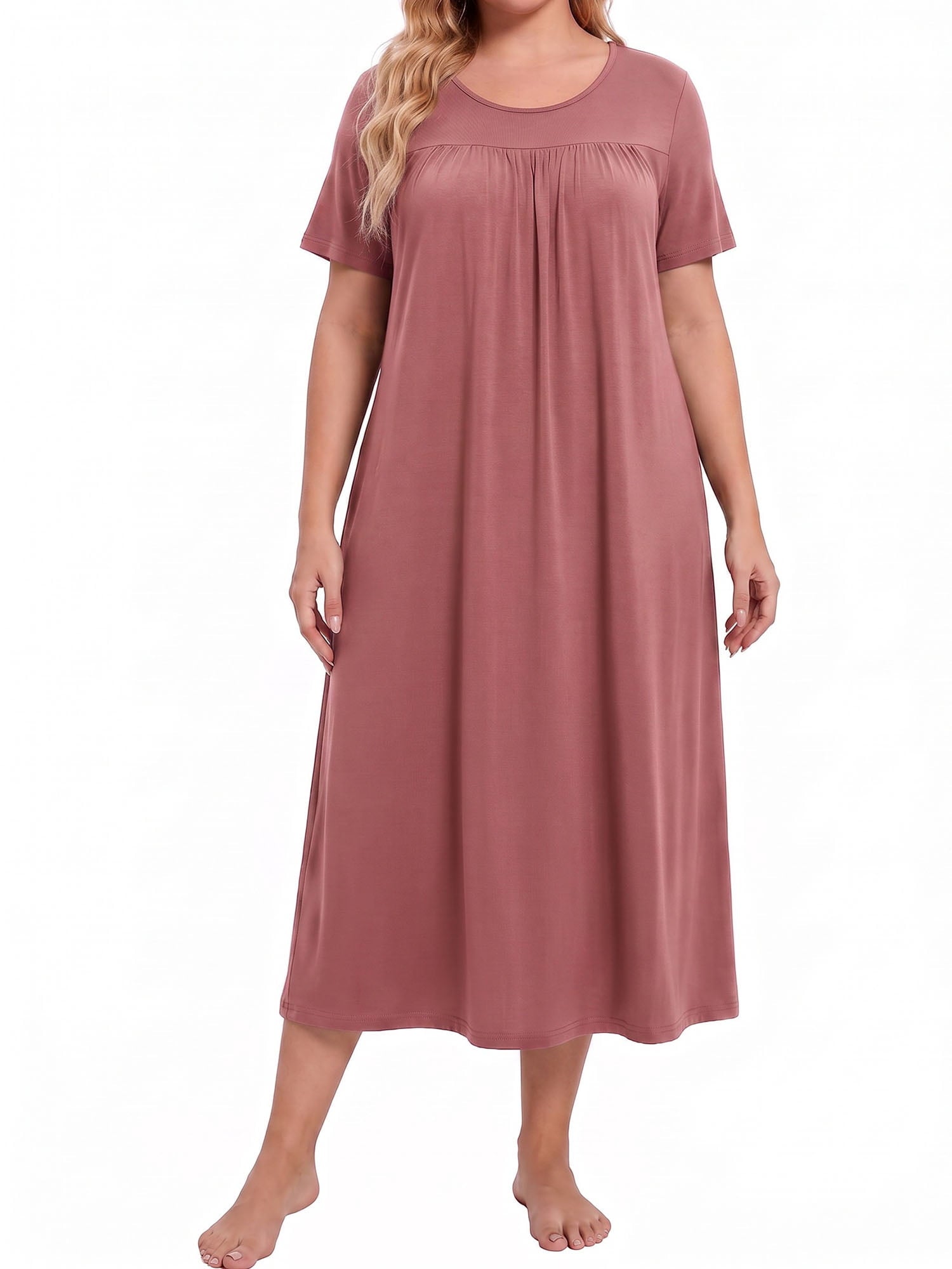 Bamboo Viscose Nightgowns for Women Pleated Floral House Dress Comfy Long Loungwear Short Sleeve Sleepwear