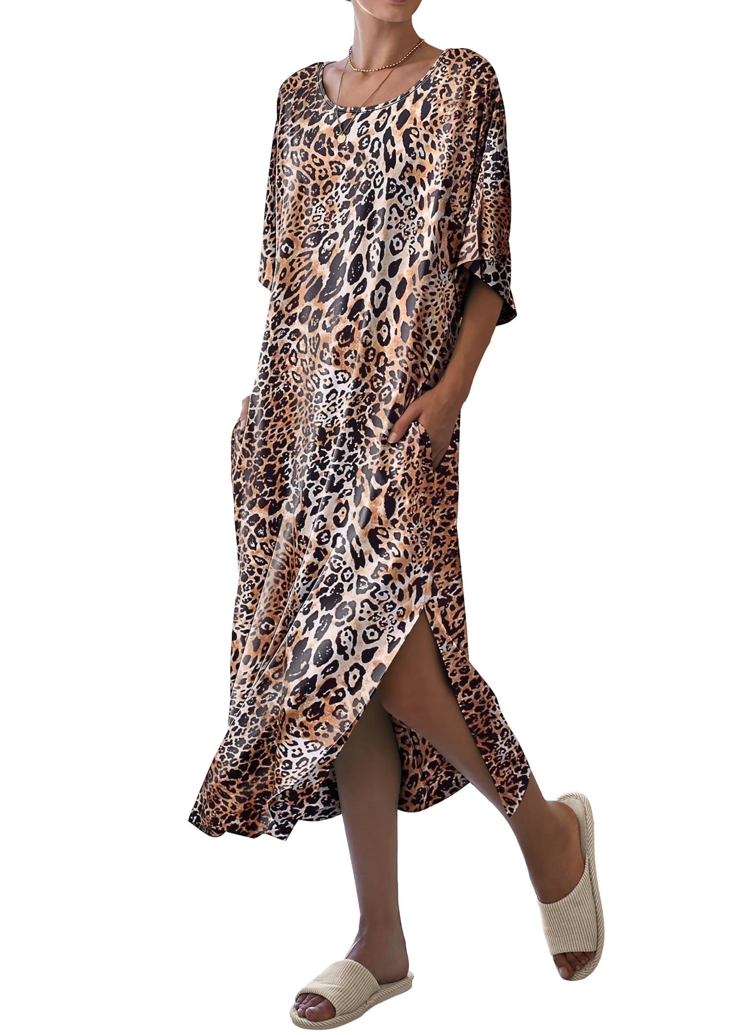 Women Long Nightgown Short Sleeve Sleepshirt Casual Maxi Loungewear with Pockets