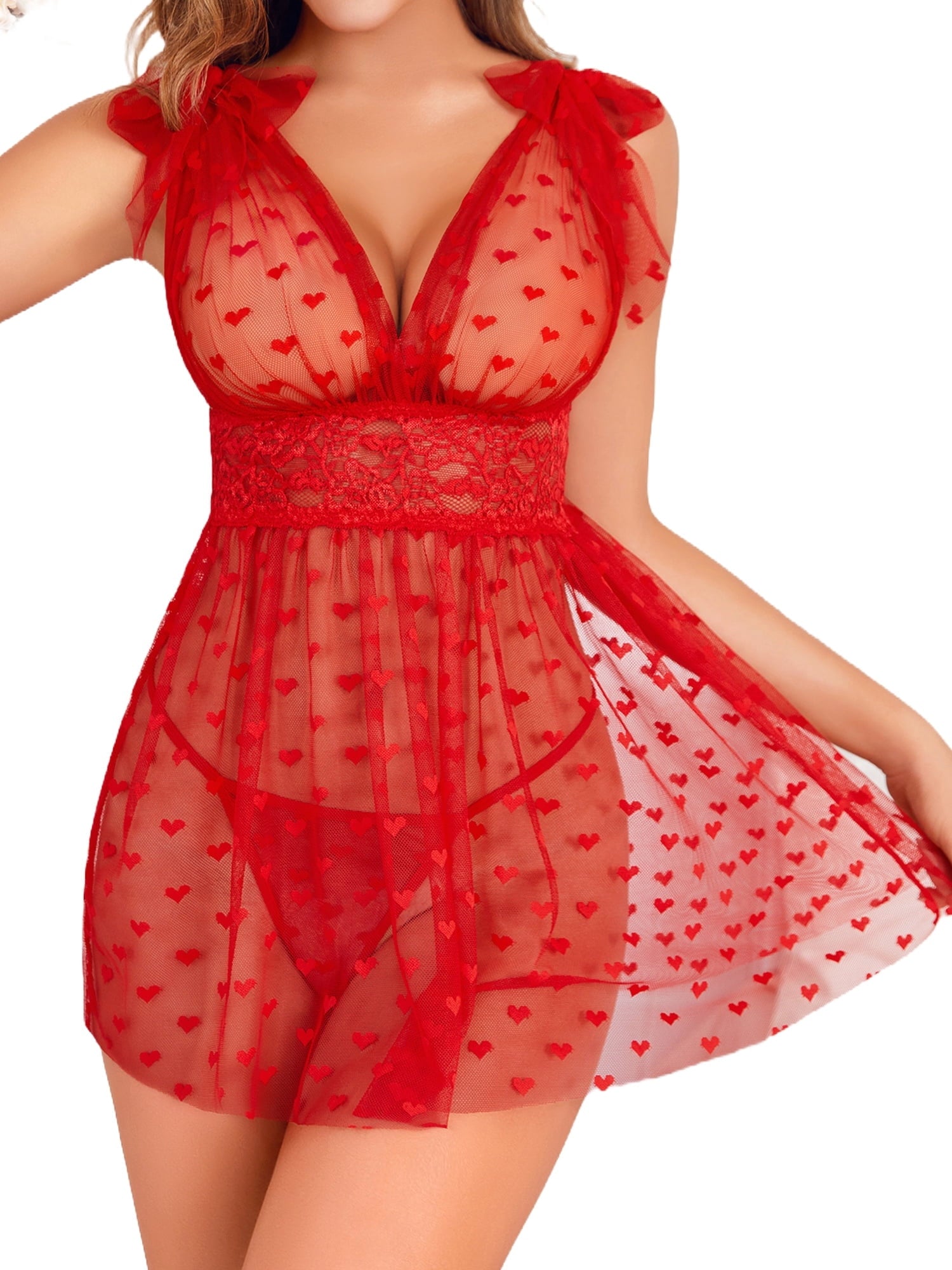 KISSGAL Women Lingerie Set Sheer Mesh Heart Print Lace Chemise Sleepwear V Neck Nighty Sexy Valentines Nightwear