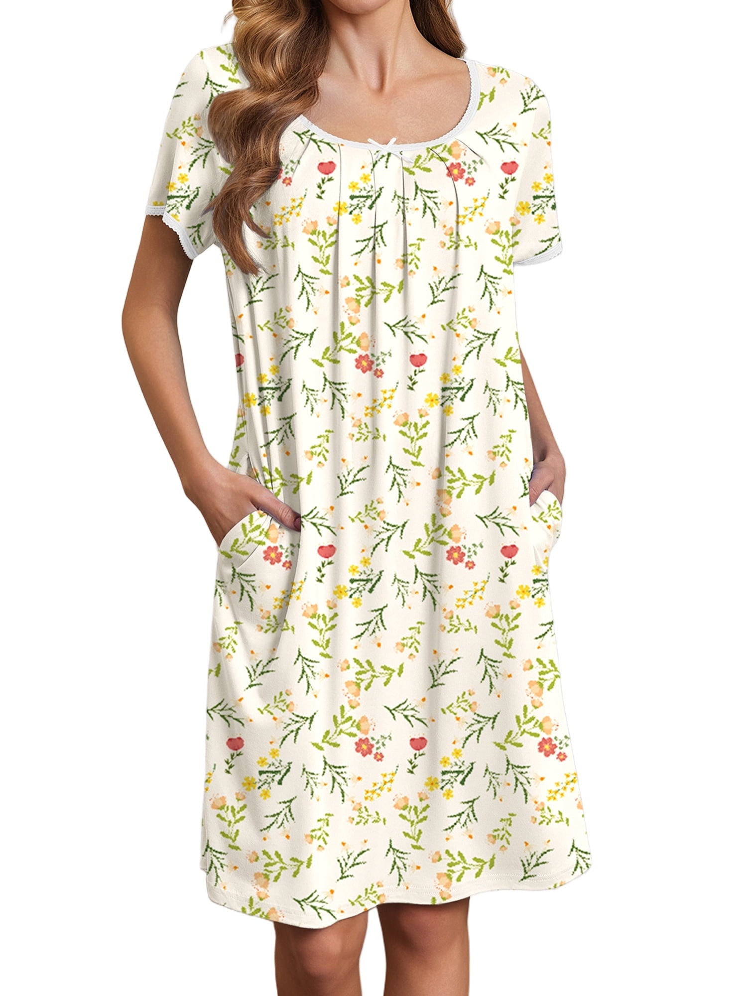 Nightgowns for Women Short Sleeve House Dress with Pockets Pleated Nightdress Soft Sleepwear