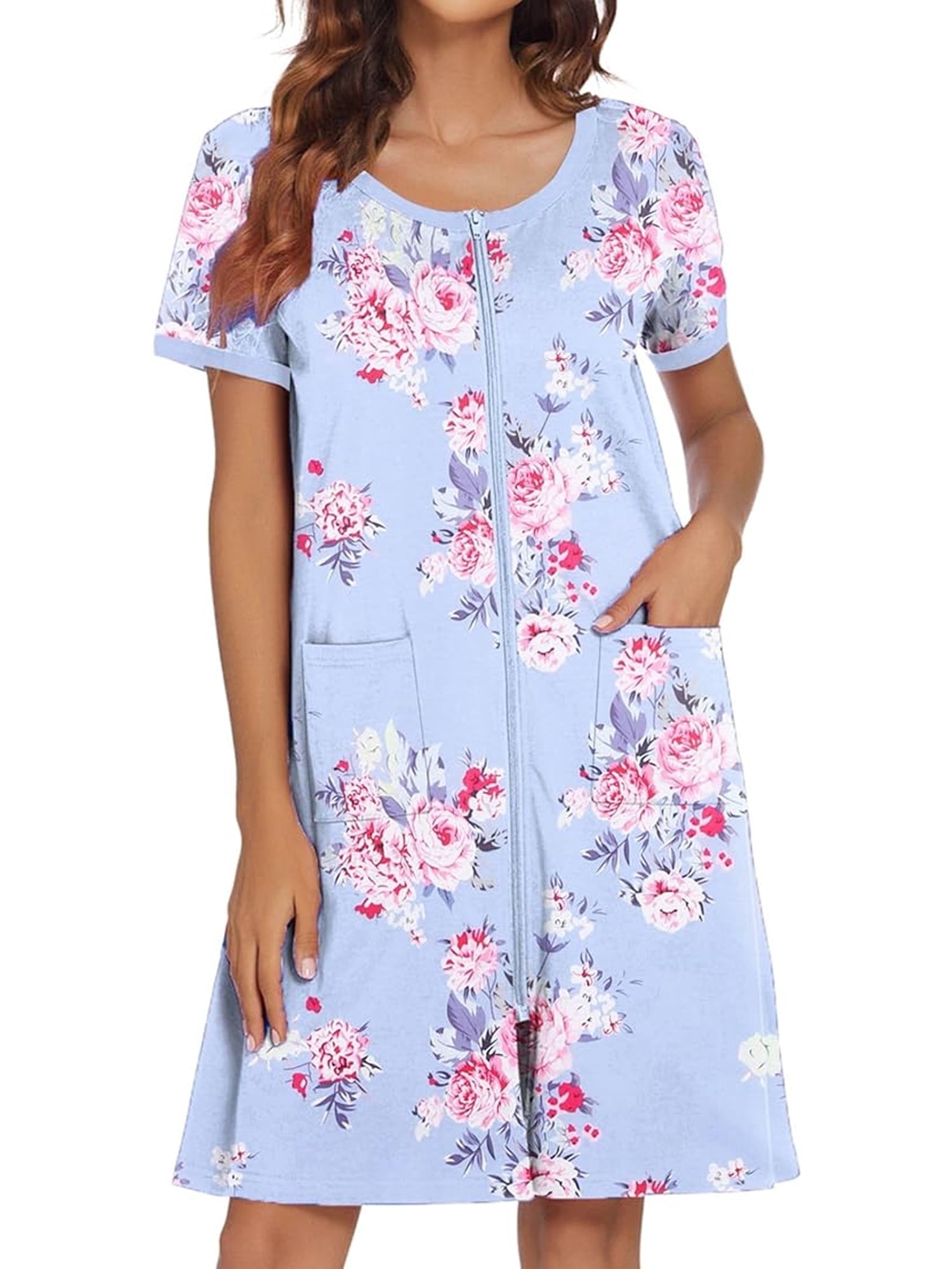 Women Zipper Front Robes Short Sleeve House Coat Zip Up Short Loungewear Dress with Pockets Nightgown Sleepwear Bathrobes