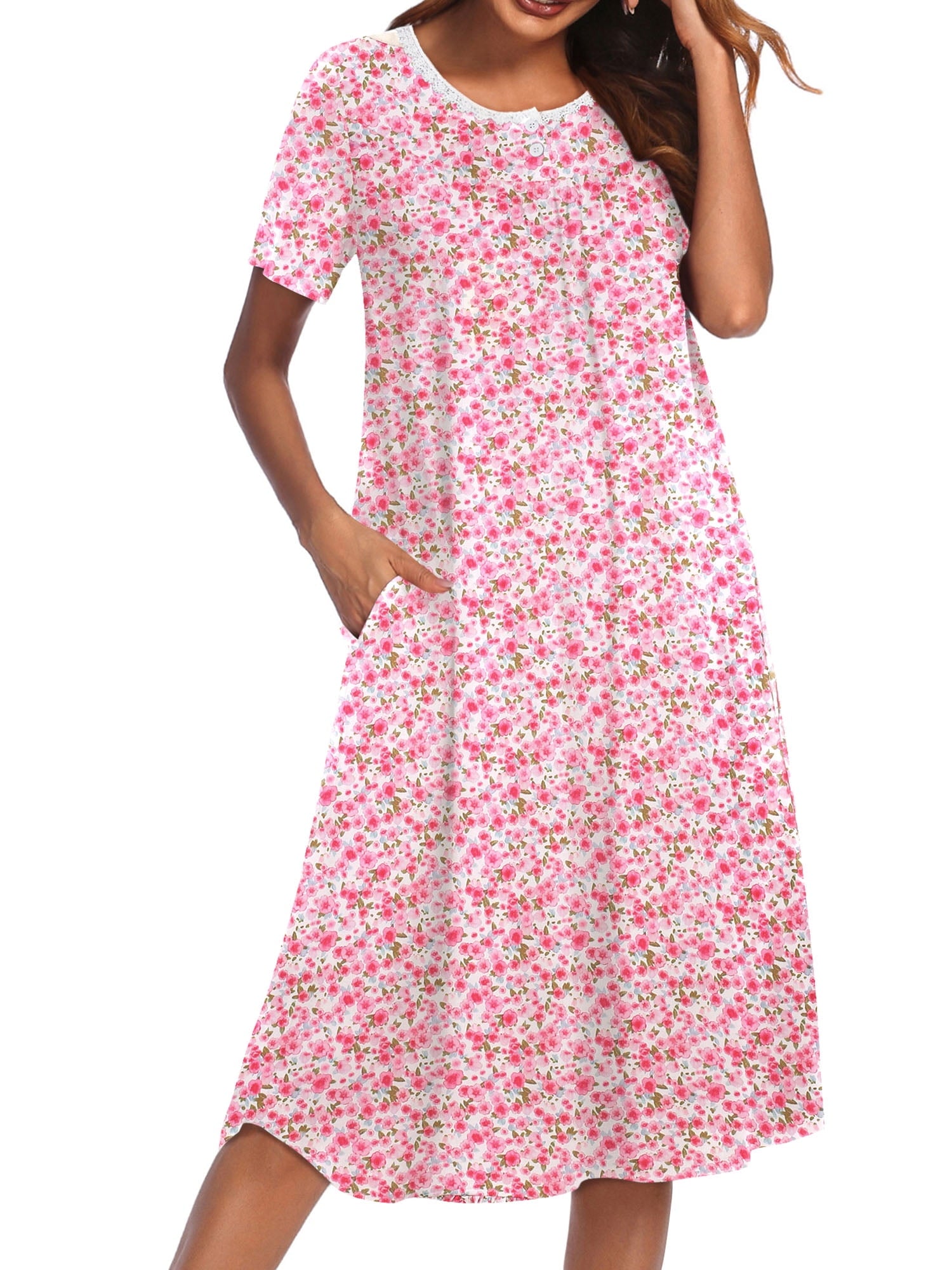 Nightgowns for Women Floral Short Sleeve Henley Sleepshirt Long Nightdress Sleepwear with Pockets S-3XL