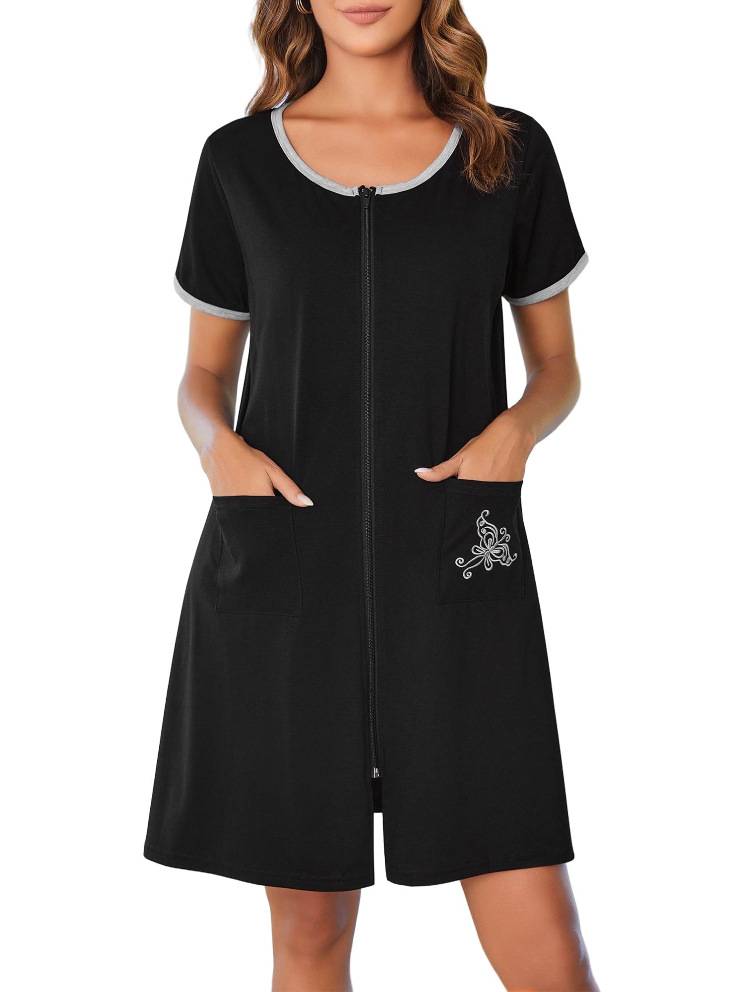 Women Zipper Front Robes Short Sleeve House Coat Zip Up Short Loungewear Dress with Pockets Nightgown Sleepwear Bathrobes