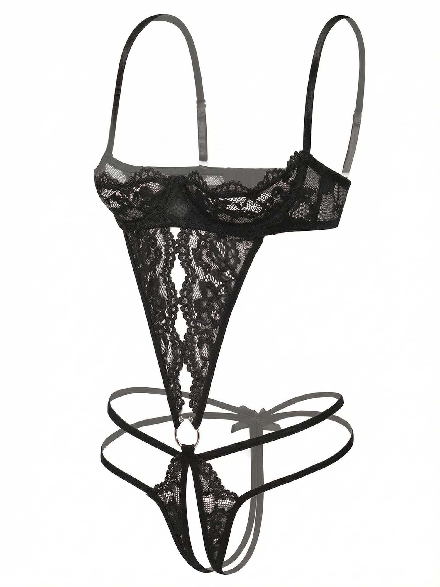 KISSGAL Sexy Lingerie for Women with Underwire One Piece Lace Bodysuit Deep V Crotchless Lingerie Underwear