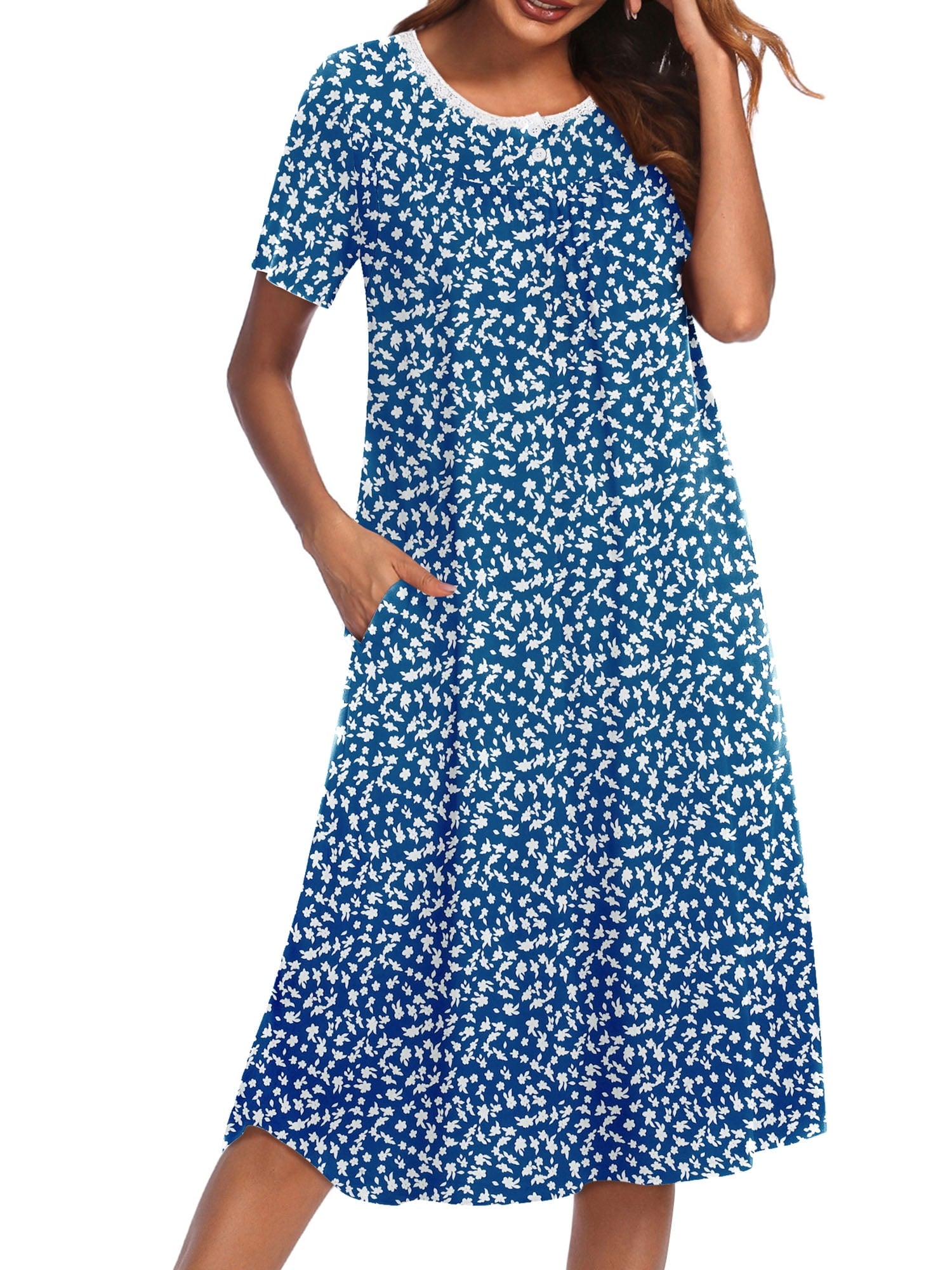 Nightgowns for Women Floral Short Sleeve Henley Sleepshirt Long Nightdress Sleepwear with Pockets S-3XL