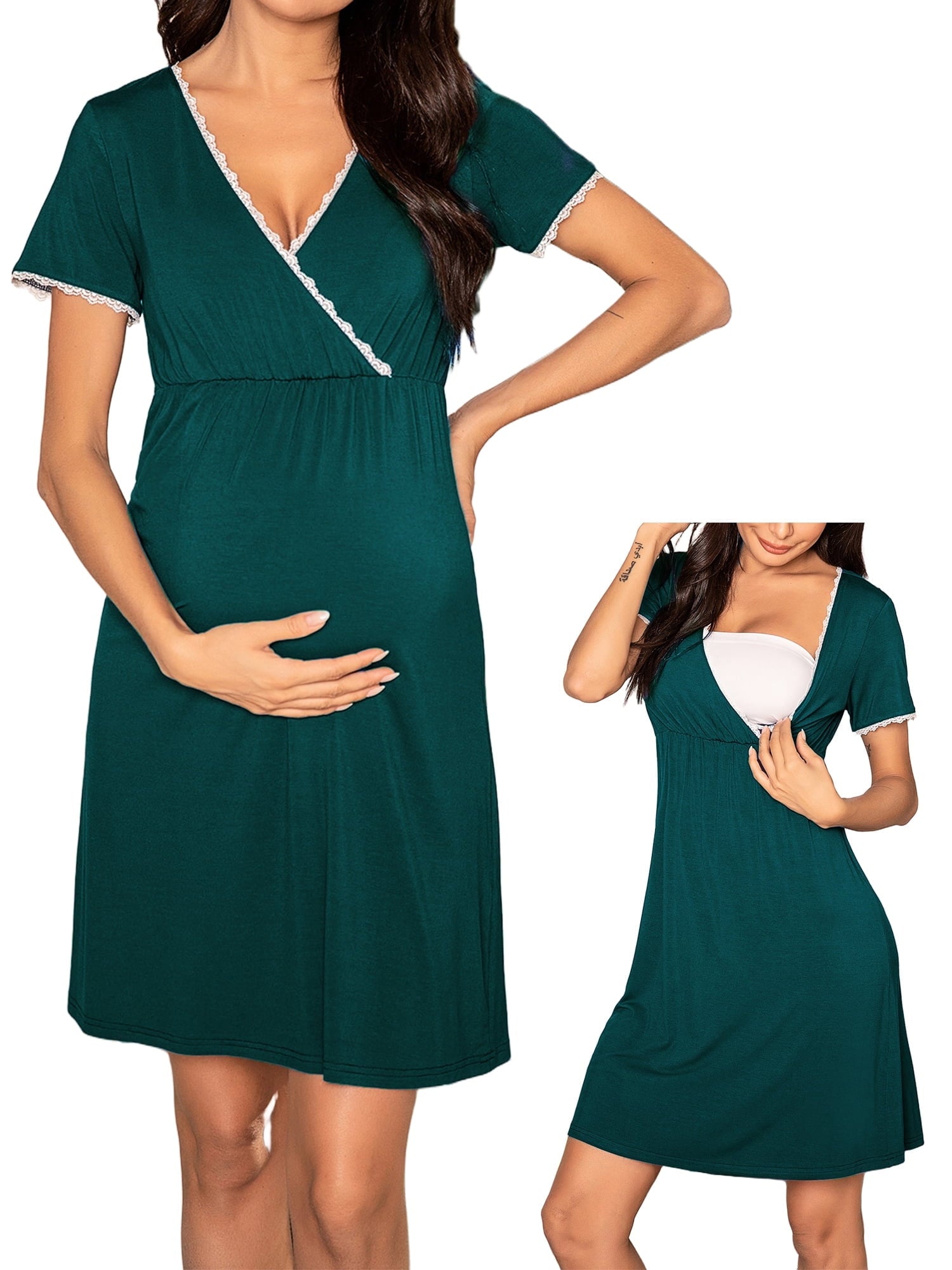 Women 3 in 1 Nursing Nightgown Short Sleeve Pleated Maternity Sleepwear for Breastfeeding Sleep Dress