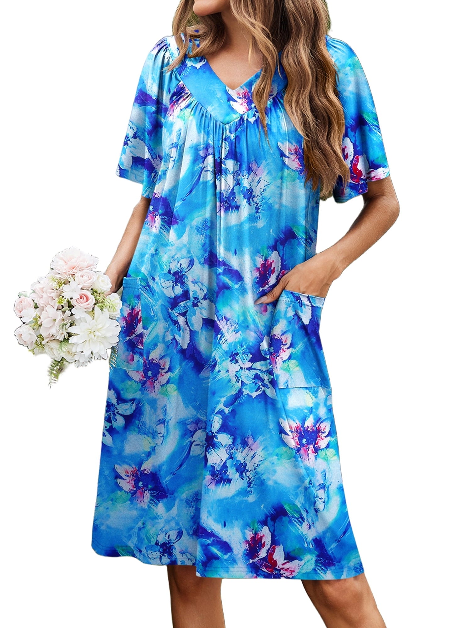Women House Dress Floral Print Nightgown with Pockets Comfy Short Sleeve Nightdress