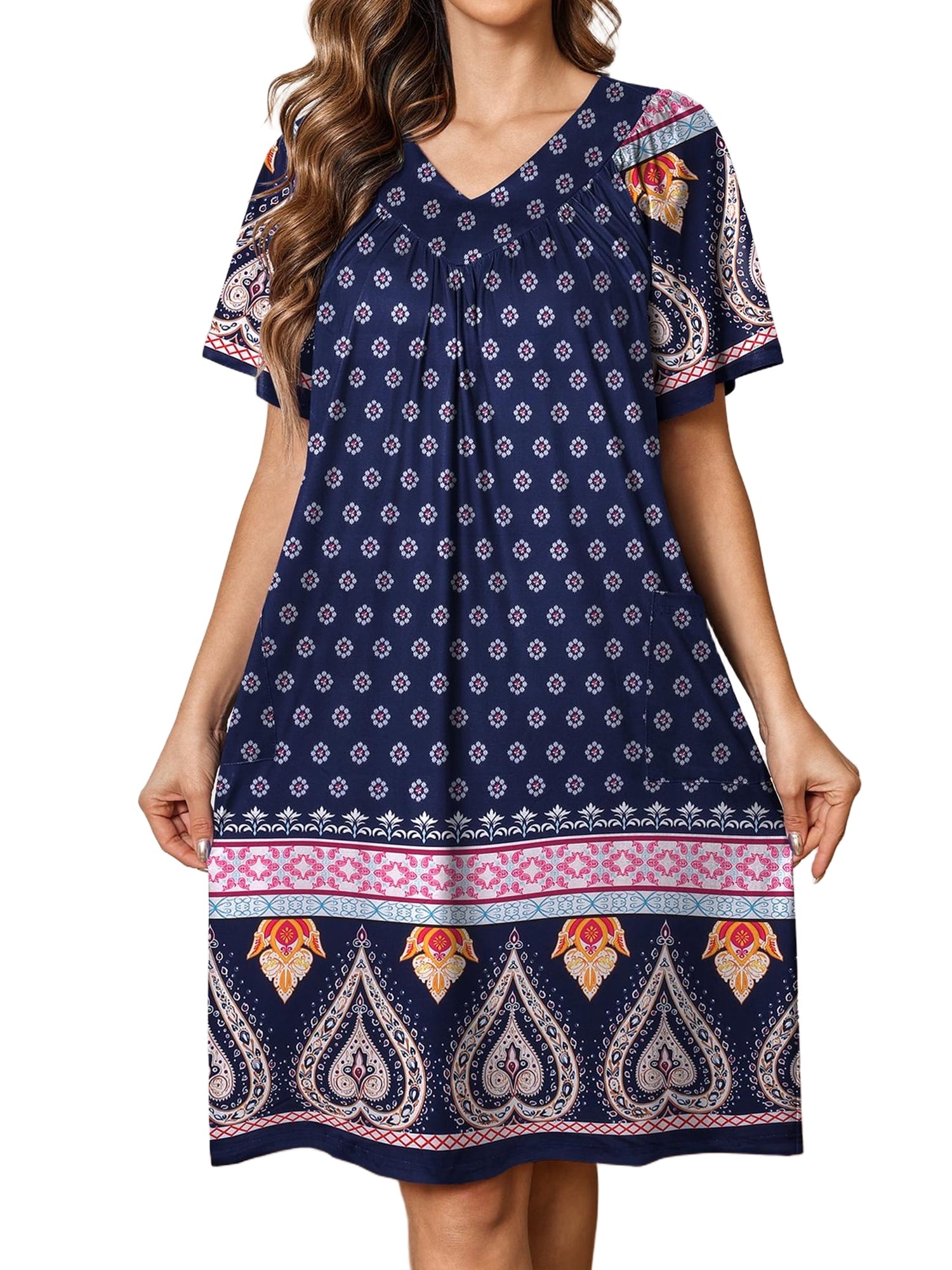 Women House Dress Floral Print Nightgown with Pockets Comfy Short Sleeve Nightdress