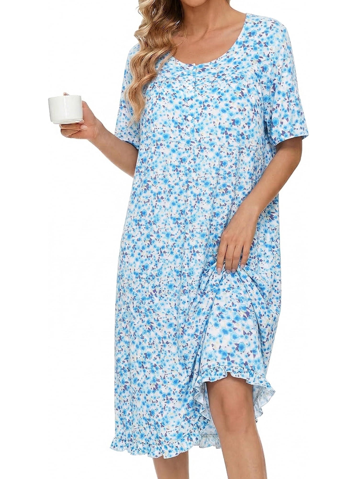 Women Nightgowns with Pockets Button Front Henley NeckHouse Dresses Ruffle Hem Nightdress Sleepwear Short Sleeve Pajamas Dress