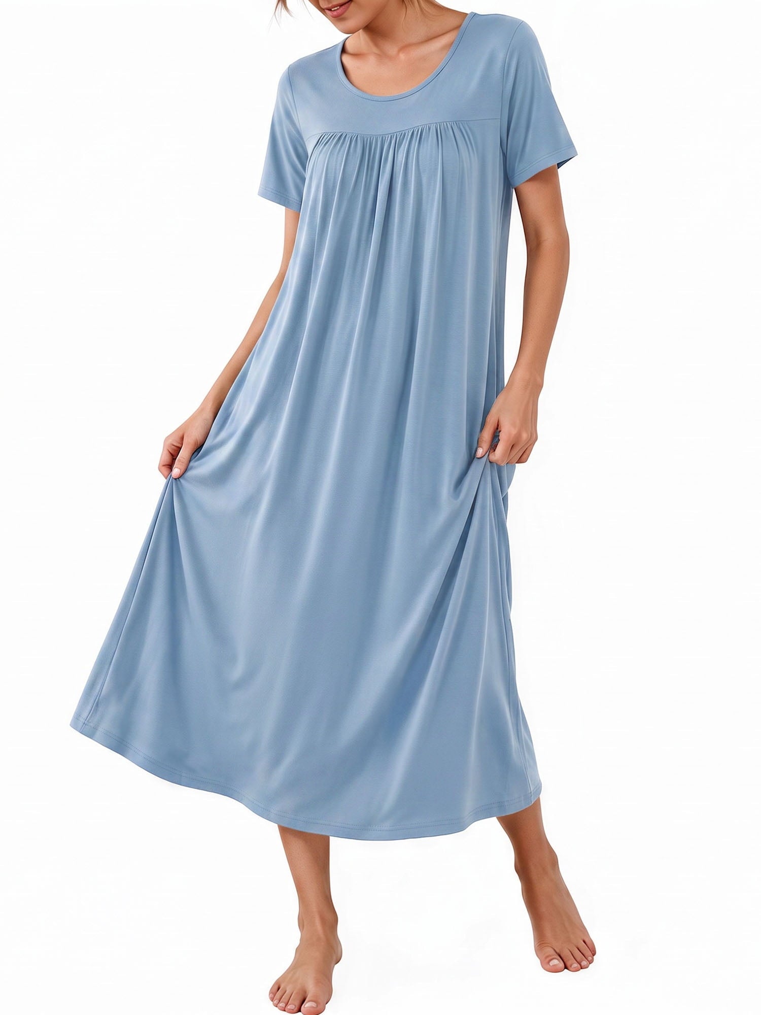 Bamboo Viscose Nightgowns for Women Pleated Floral House Dress Comfy Long Loungwear Short Sleeve Sleepwear
