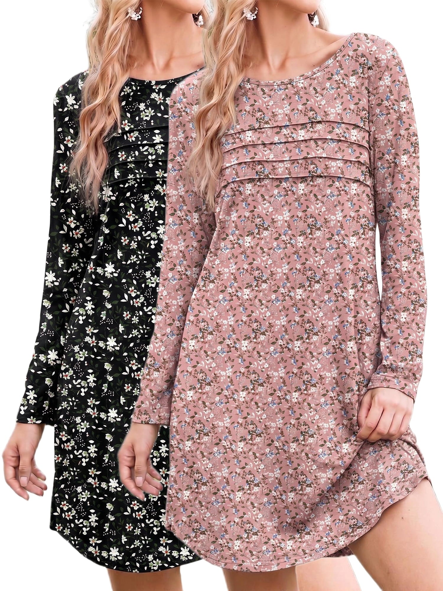 2 Pack Nightgowns for Women Long Sleeve Nightshirts Soft Crew Neck Pajamas Dress Sleepwear , Floral Printed, S-XXXL