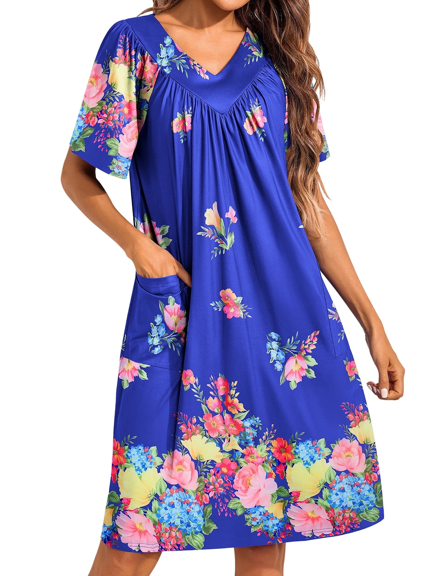 Women House Dress Floral Print Nightgown with Pockets Comfy Short Sleeve Nightdress
