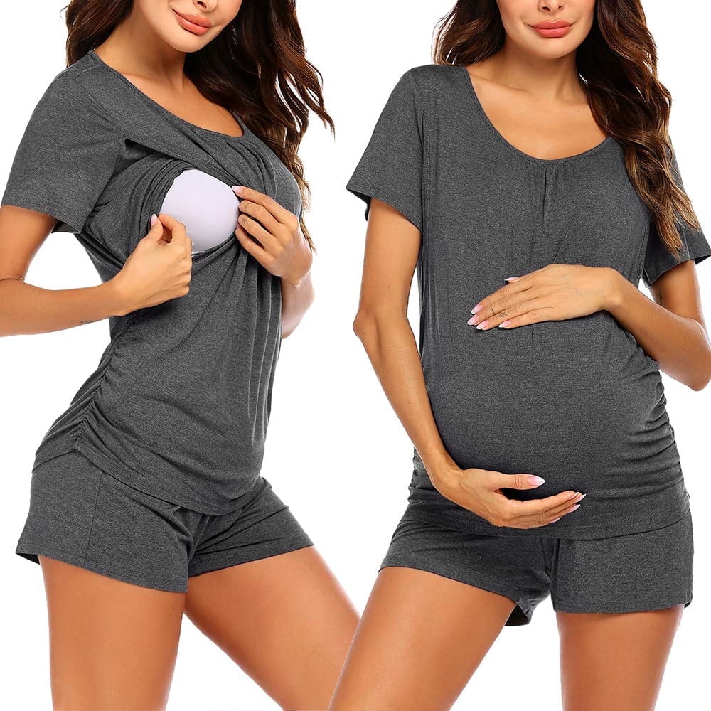 Women Maternity Nursing Pajama Set Breastfeeding Sleepwear Set Double Layer Short Sleeve Top and Shorts Set Pregnancy Pjs Set