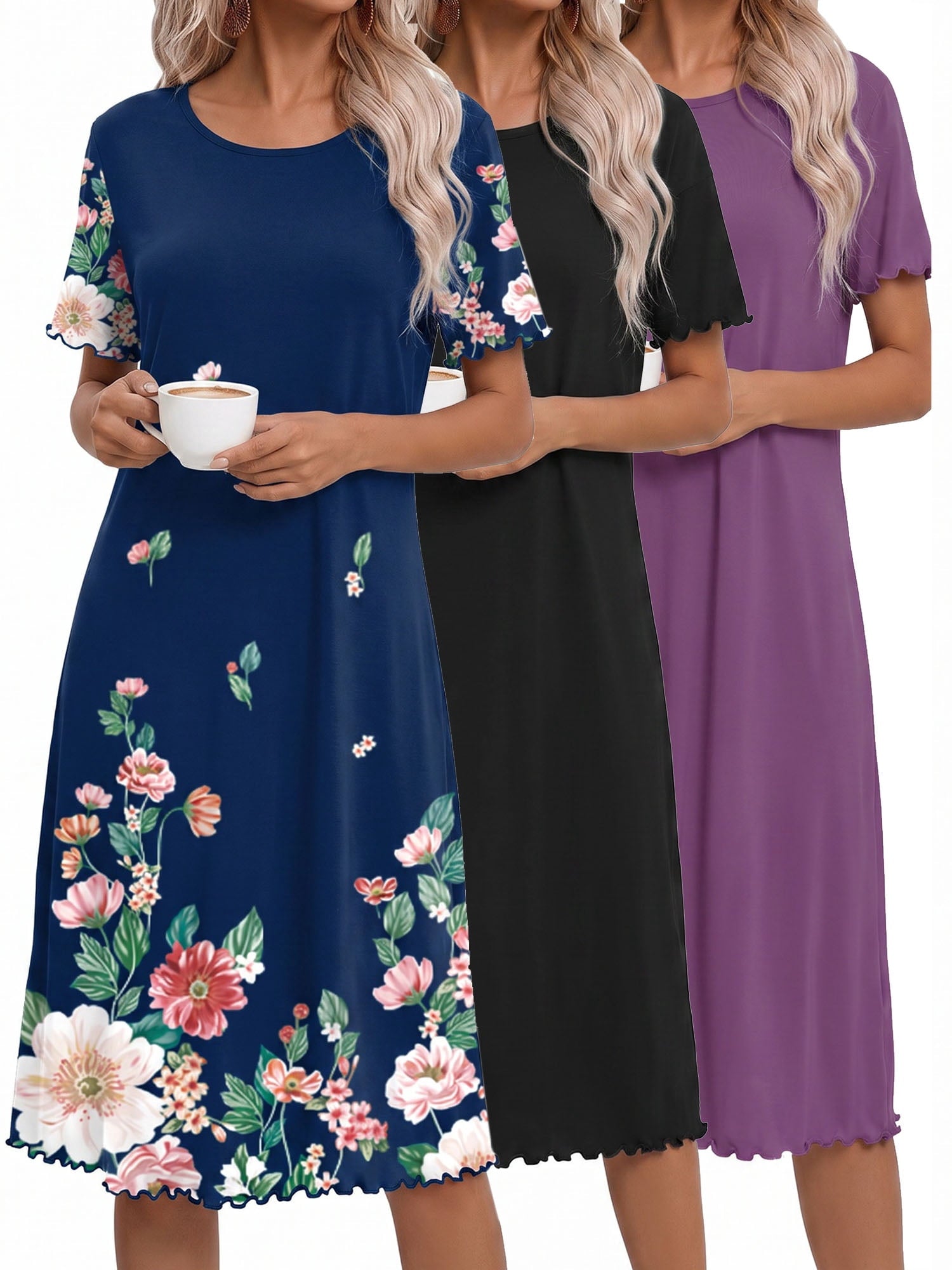 3 Pack Women Nightgown Sleepwear Ruffle Short Sleeve Sleepshirts V Neck Sleepdress Causal Pajama Dress S-XXXL