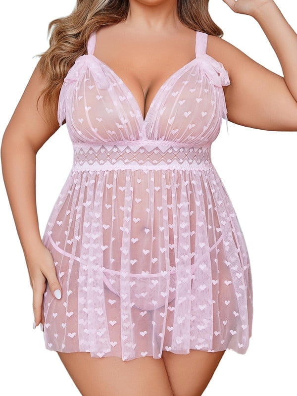 KISSGAL Plus Size Lingerie for Women Heart Print Lace Nightwear Sheer Cheimse Sleepwear with Lace Up Bows for Valentine