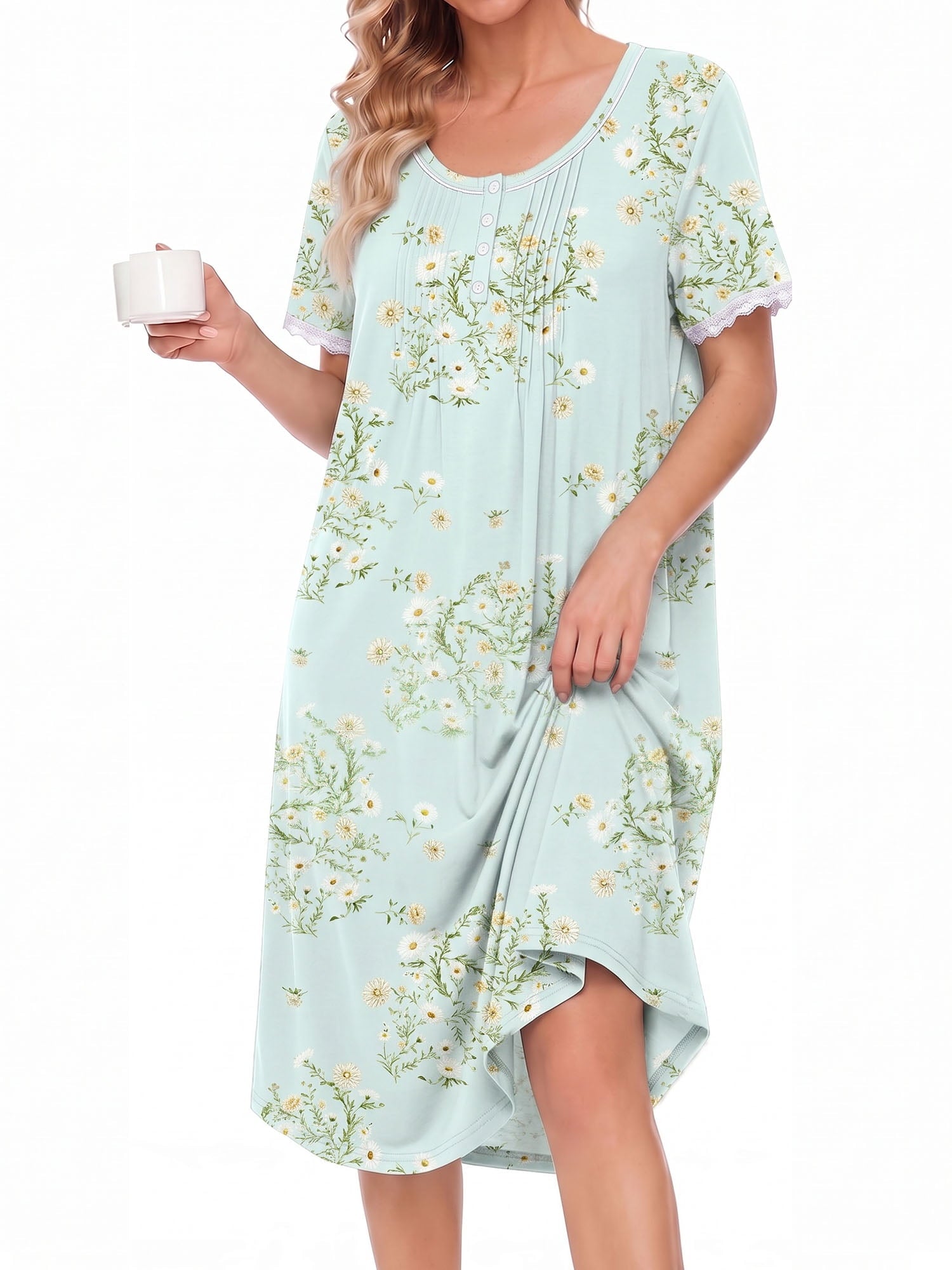 Nightgowns for Women Button Front Henley Neck House Dress Short Sleeve Soft Pajamas Dress Sleepwear
