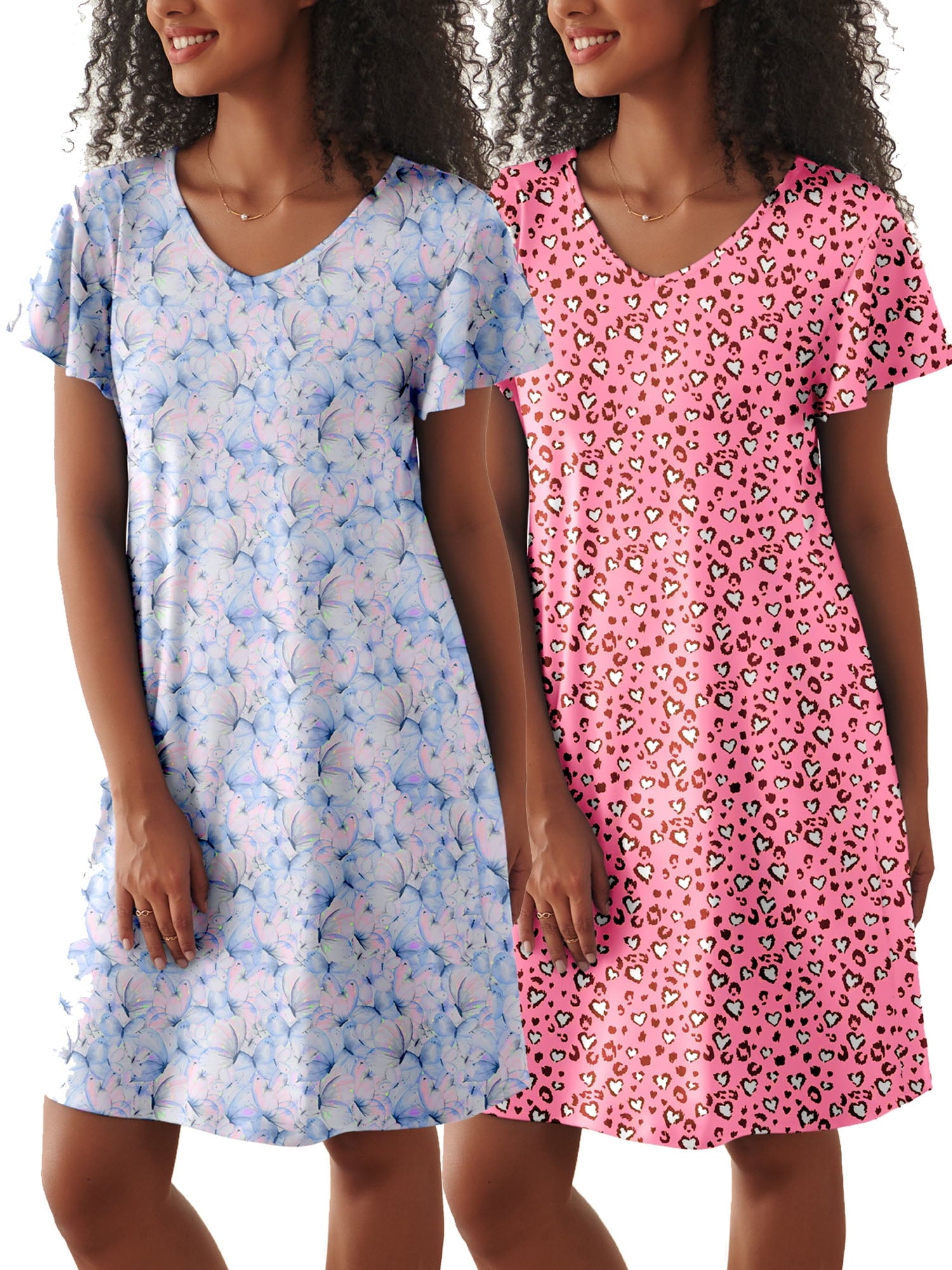 2 Pack Women Nightgown Sleepwear Flare Short Sleeve Sleepshirts V Neck Sleepdress Causal Pajama Dress