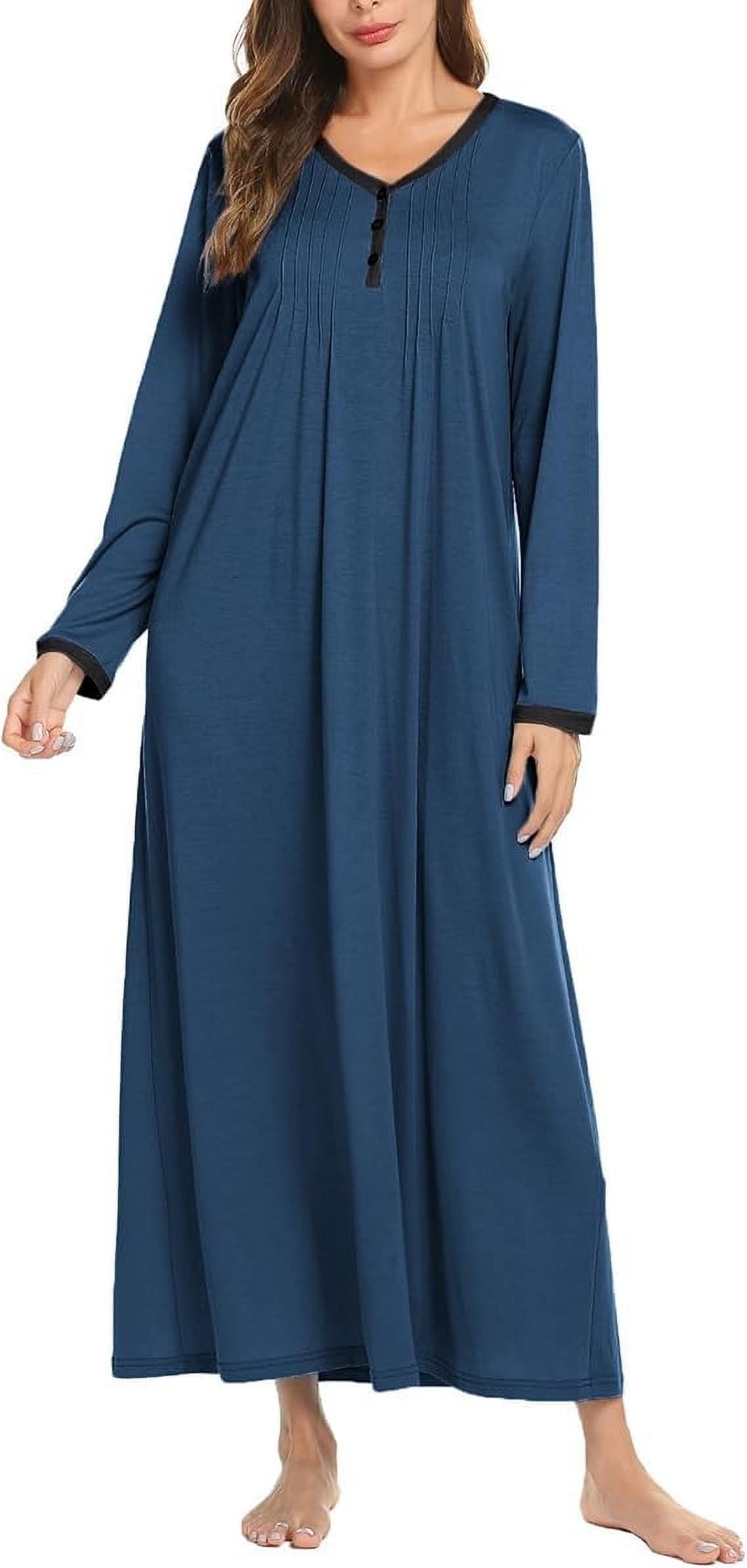 Women Long Sleeve Nightgown Sleepwear Long Sleepshirts Henley Sleep Dress Full Length Nightdress