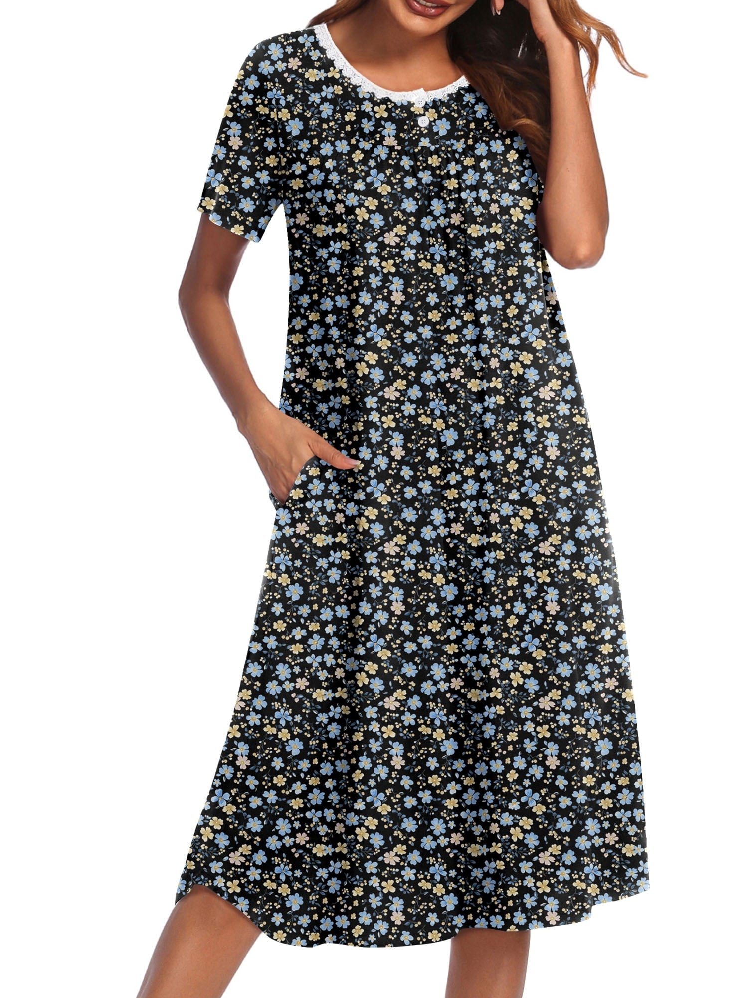 Nightgowns for Women Floral Short Sleeve Henley Sleepshirt Long Nightdress Sleepwear with Pockets S-3XL