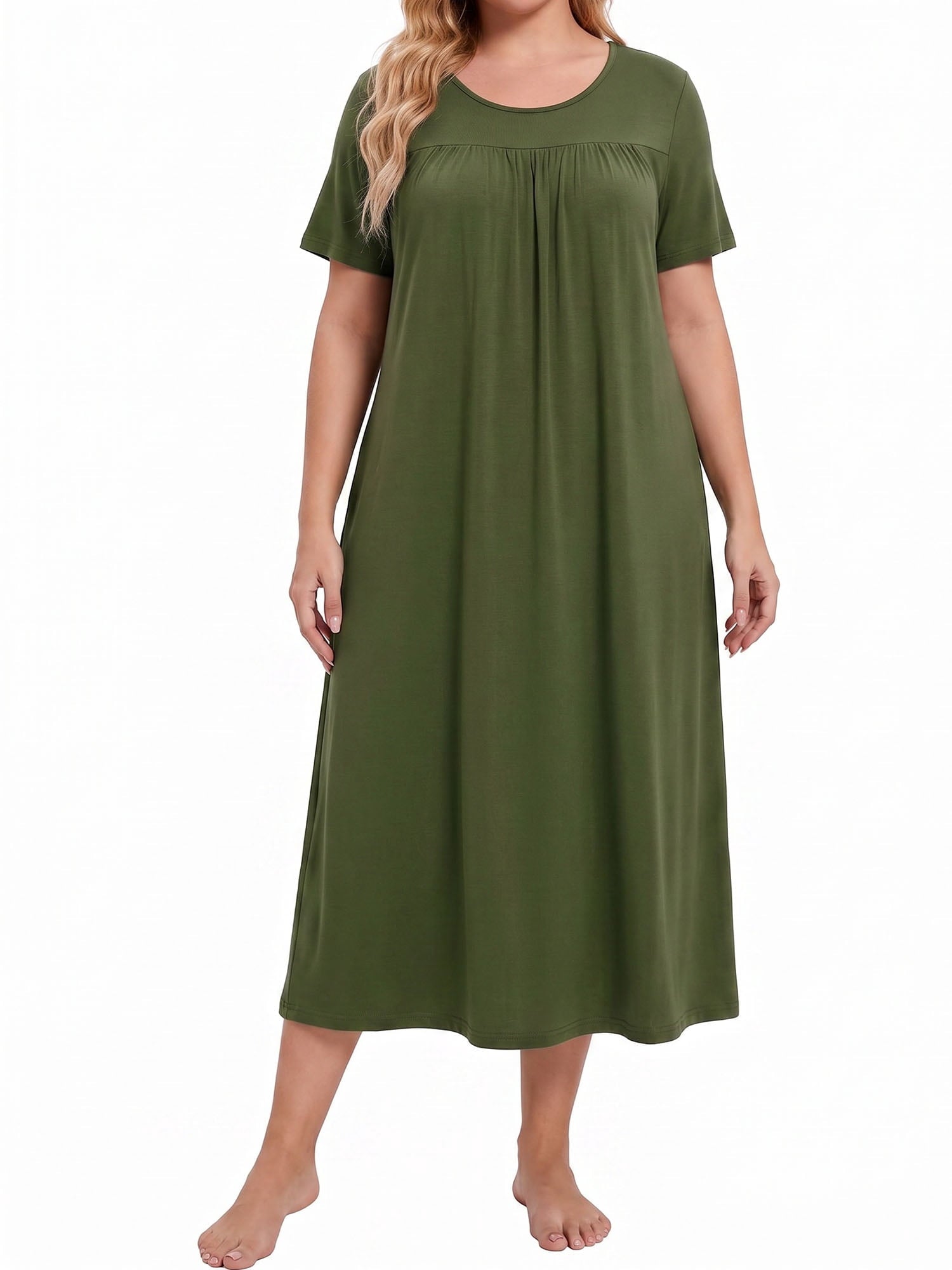 Bamboo Viscose Nightgowns for Women Pleated Floral House Dress Comfy Long Loungwear Short Sleeve Sleepwear