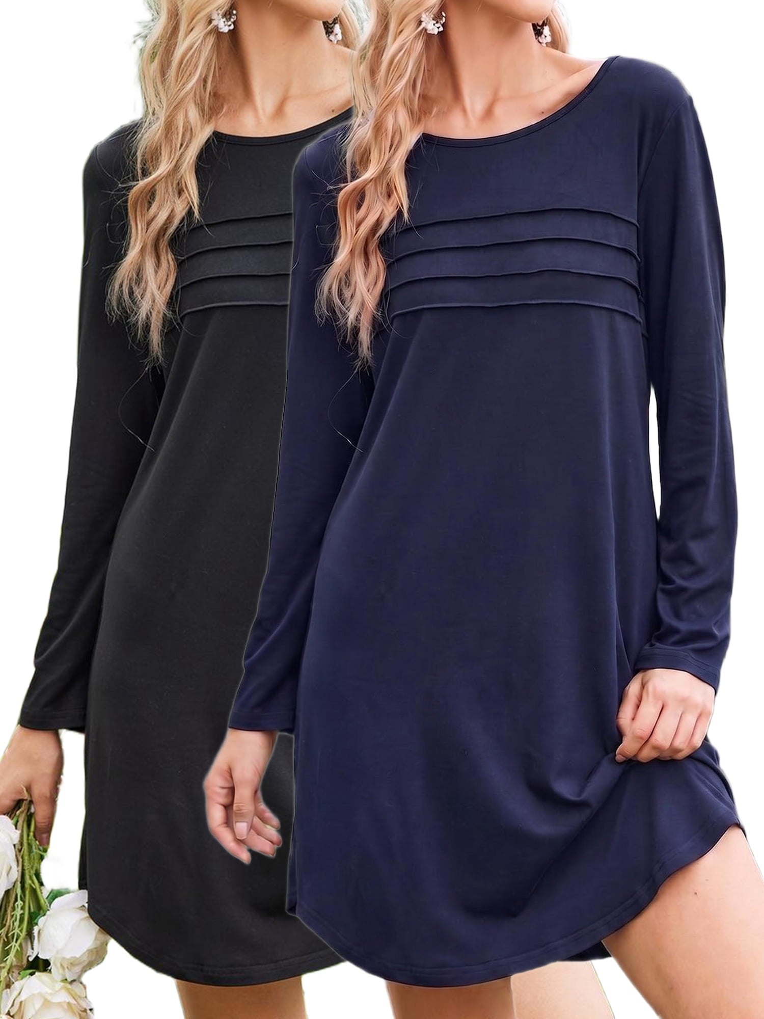 2 Pack Nightgowns for Women Long Sleeve Nightshirts Soft Crew Neck Pajamas Dress Sleepwear , Floral Printed, S-XXXL