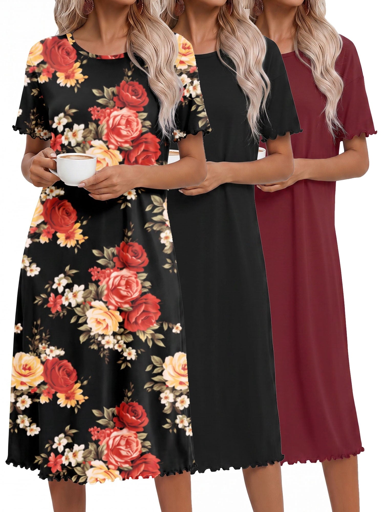 3 Pack Women Nightgown Sleepwear Ruffle Short Sleeve Sleepshirts V Neck Sleepdress Causal Pajama Dress S-XXXL