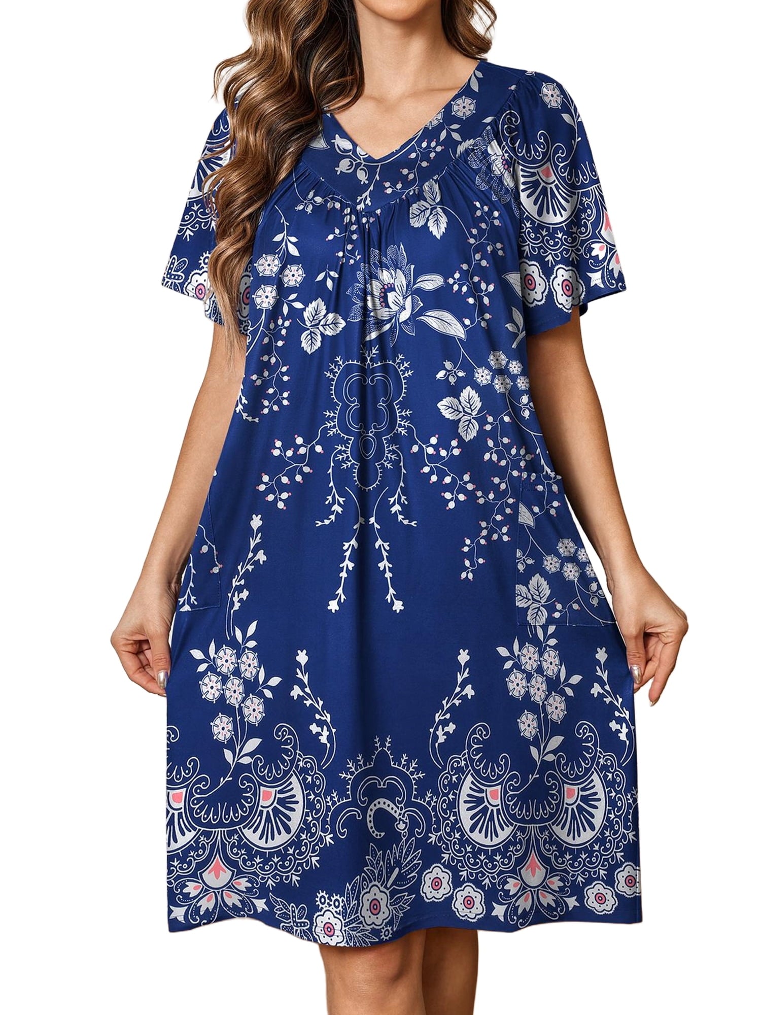 Women House Dress Floral Print Nightgown with Pockets Comfy Short Sleeve Nightdress