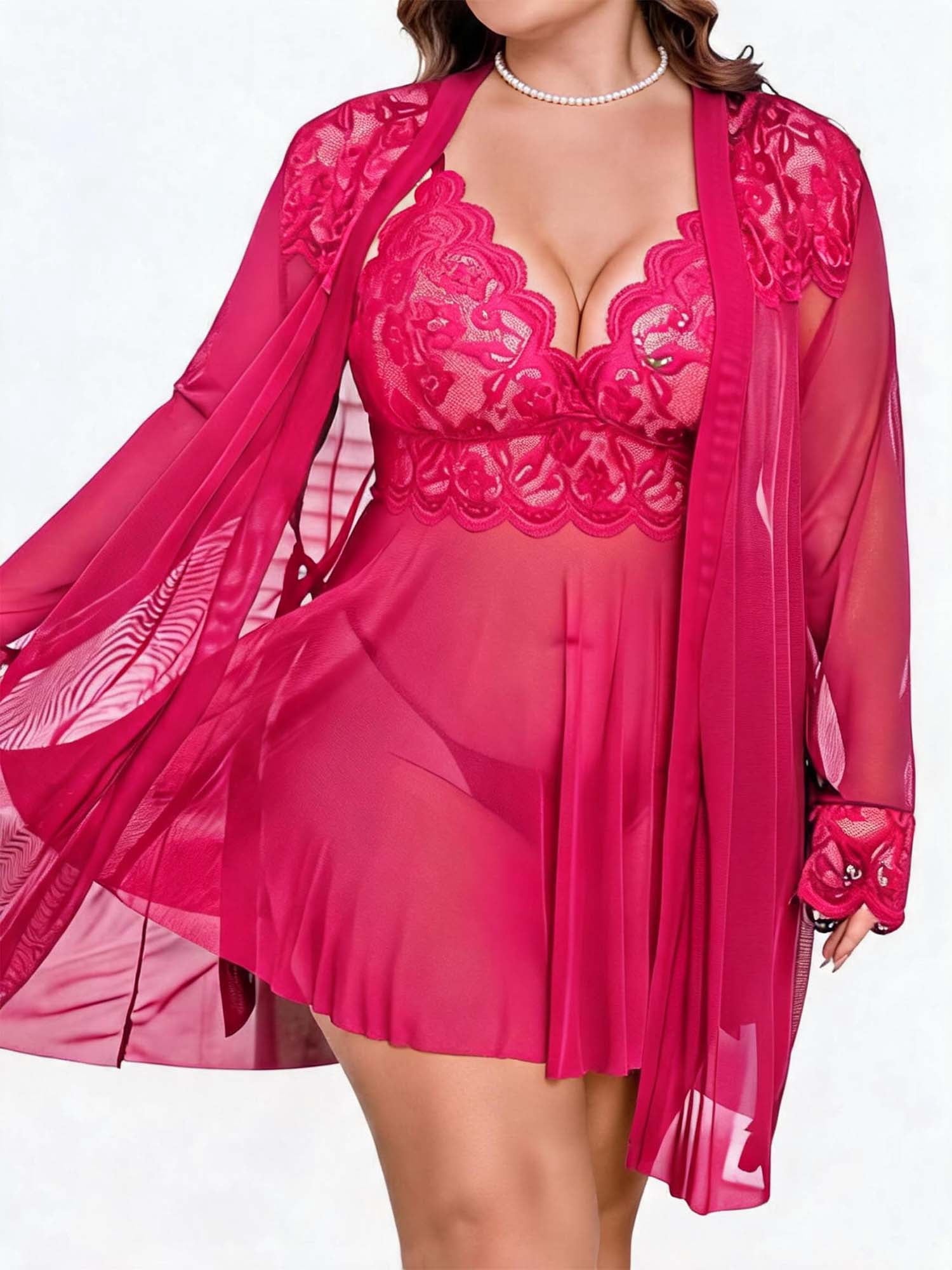KISSGAL Plus Size Lingerie Set for Women Sexy 3 Piece Lace Kimono Robes with Babydoll Chemise Dress and Thong Mesh Sleepwear