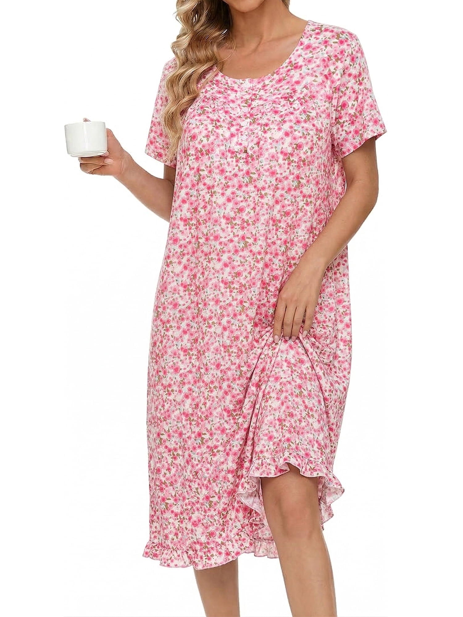 Women Nightgowns with Pockets Button Front Henley NeckHouse Dresses Ruffle Hem Nightdress Sleepwear Short Sleeve Pajamas Dress