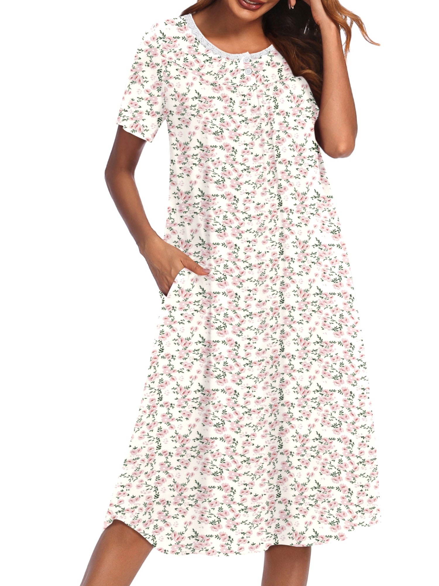 Nightgowns for Women Floral Short Sleeve Henley Sleepshirt Long Nightdress Sleepwear with Pockets S-3XL
