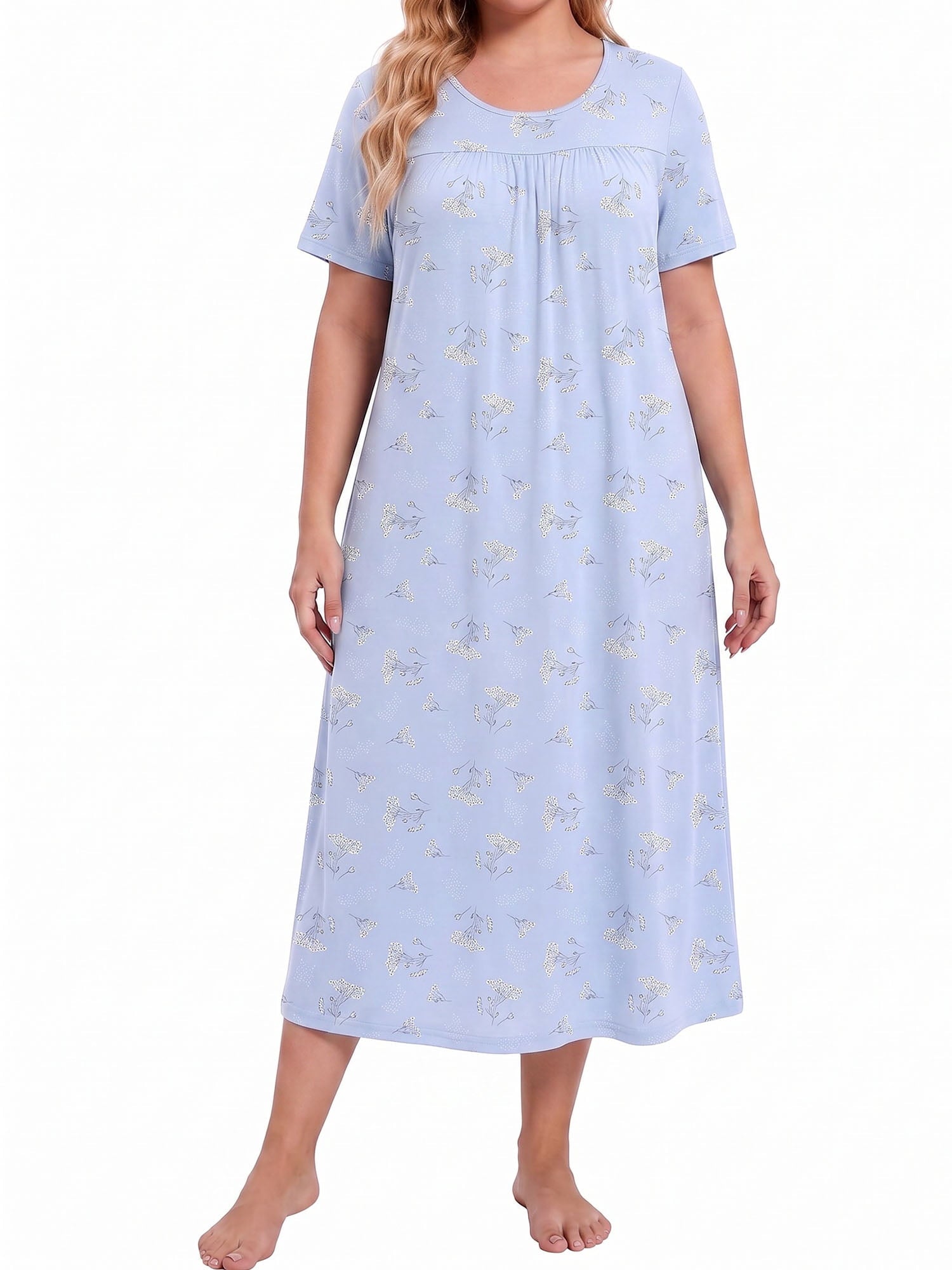Bamboo Viscose Nightgowns for Women Pleated Floral House Dress Comfy Long Loungwear Short Sleeve Sleepwear