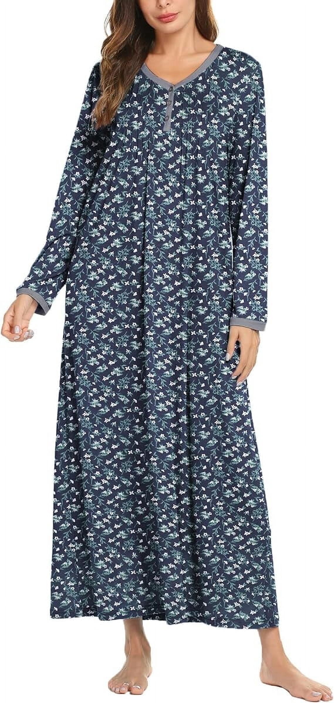 Women Long Sleeve Nightgown Long Sleepshirts Henley Sleep Dress Full Length Sleepwear