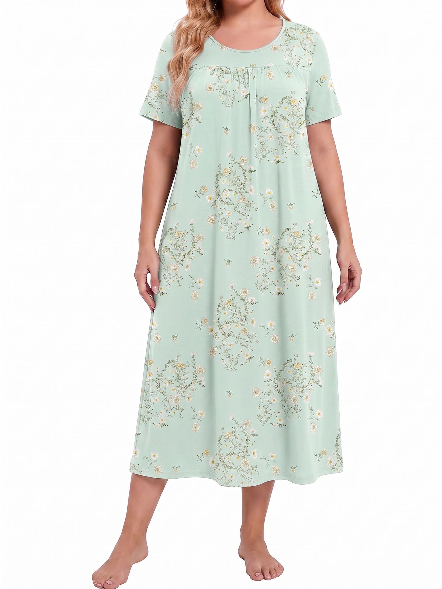 Bamboo Viscose Nightgowns for Women Pleated Floral House Dress Comfy Long Loungwear Short Sleeve Sleepwear