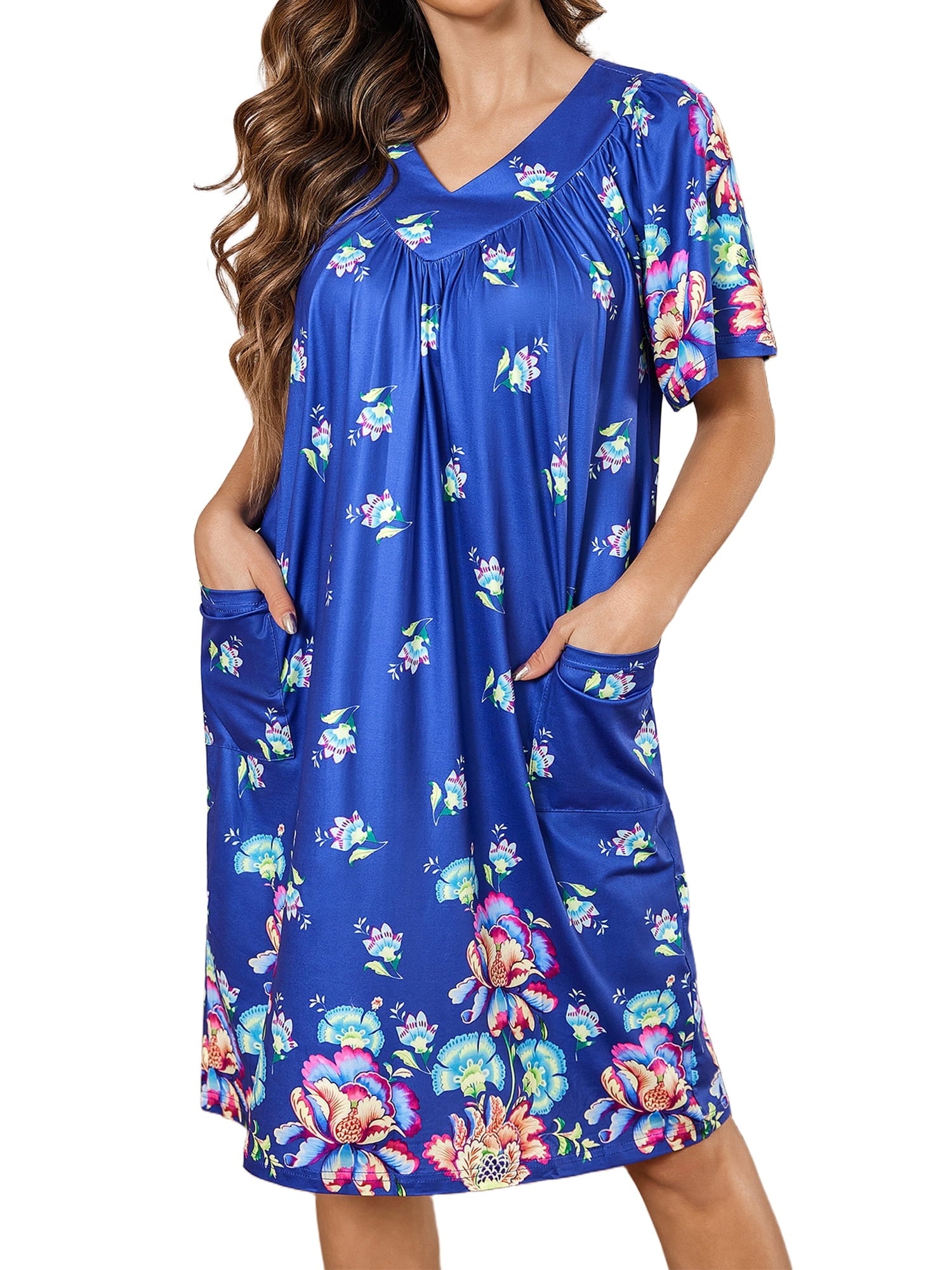 Women House Dress Floral Print Nightgown with Pockets Comfy Short Sleeve Nightdress
