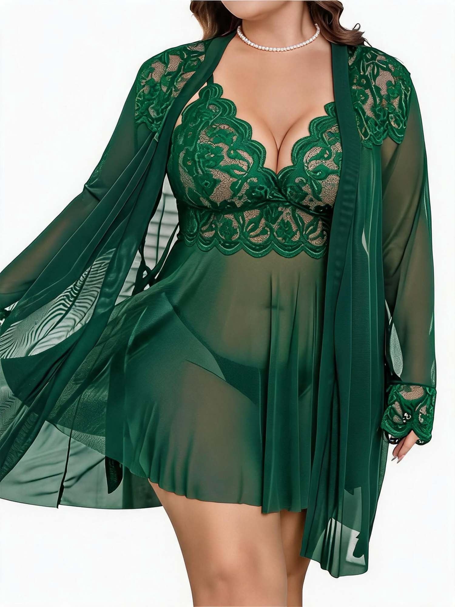 KISSGAL Plus Size Lingerie Set for Women Sexy 3 Piece Lace Kimono Robes with Babydoll Chemise Dress and Thong Mesh Sleepwear